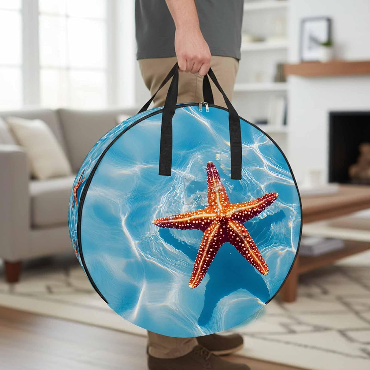Ocean Starfish Round Storage Bag 36 Inch, Summer Water Modern Coastal Nautical Clothes Storage Container with Handles Heavy Duty Organizer for Comforter, Bedding & Holiday Wreaths