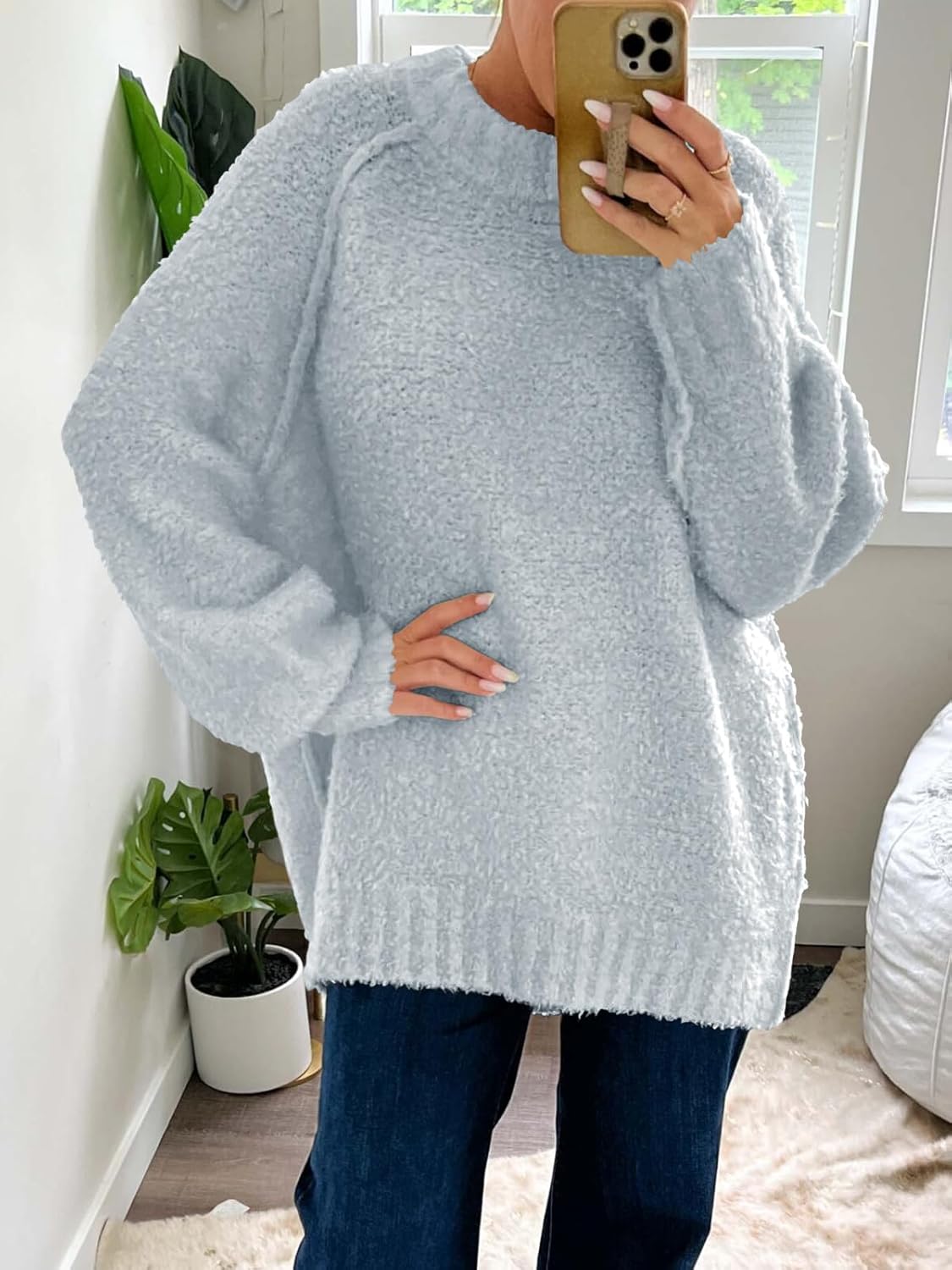 Saodimallsu Womens Oversized Sweater 2025 Fall Trendy Fuzzy Crew Neck Long Sleeve Casual Tunic Sweaters - Image 5