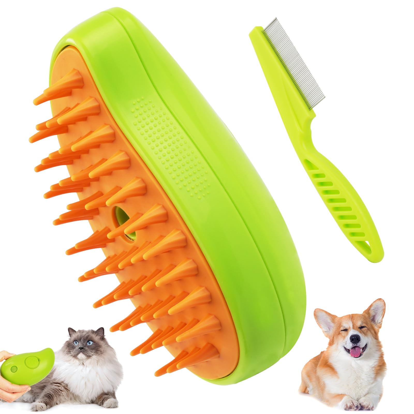 Adiwo Cepillo de Vapor para Gatos y Perros, 3 En 1 Cepillo Vapor Mascotas Eléctrico Peine De Masaje, Peine Eléctrico De Masaje, Depilación Para Mascotas Para Eliminar el Enredado（Verde)