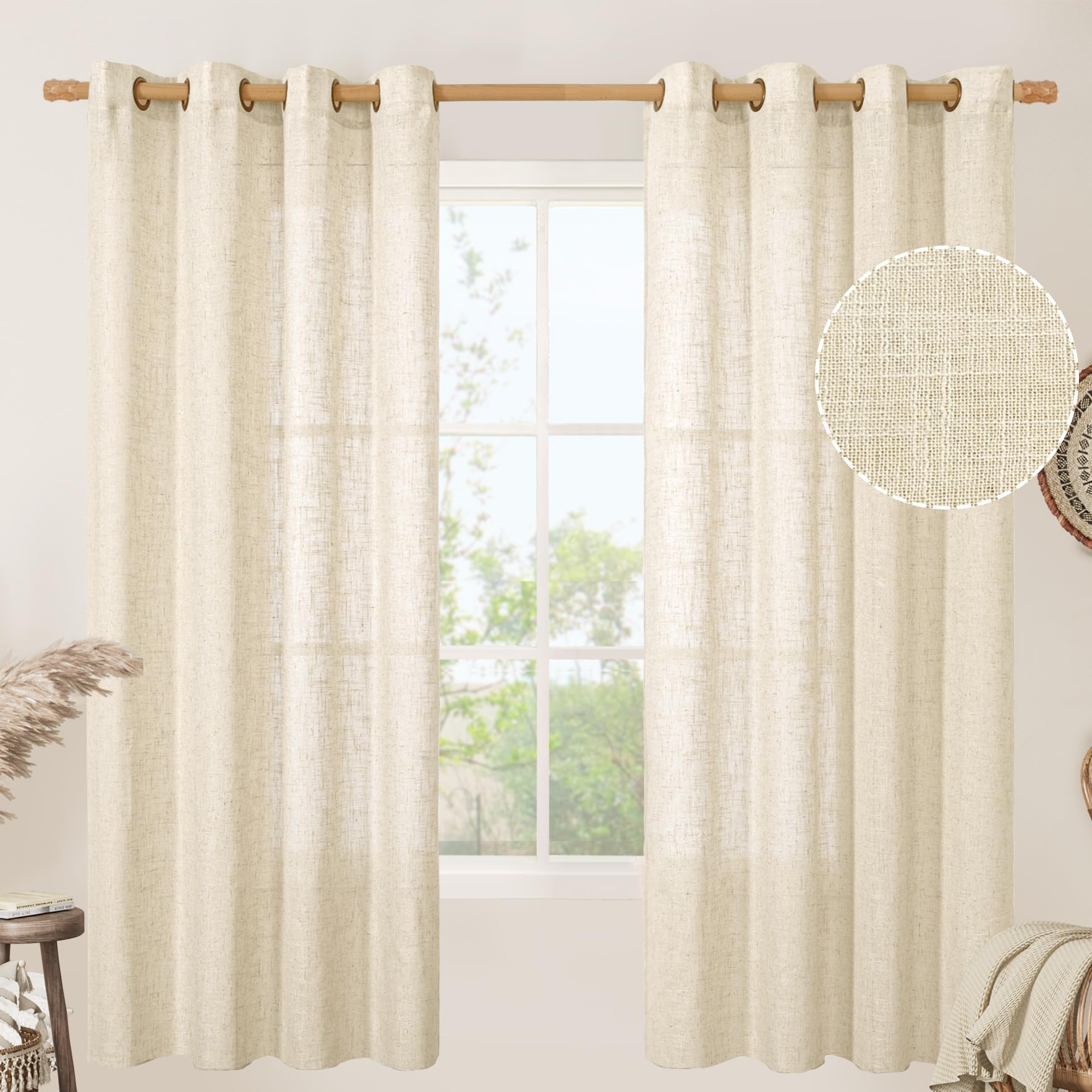 LAMIT Beige 72 inch Length Linen Curtains 2 Panels Set for Living Room