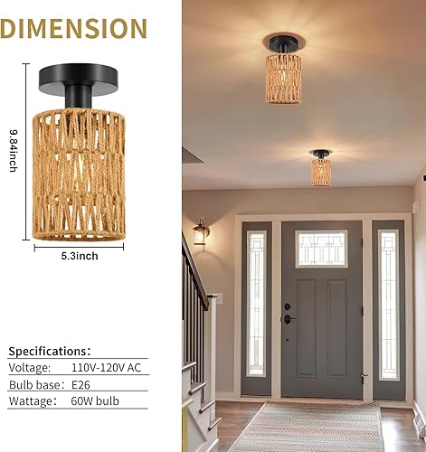 Miniatura 2 de Lámpara de techo estilo bohemio, mini lámpara de araña de ratán con bombilla LED regulable, lámparas de techo tejidas a mano, montaje empotrado para