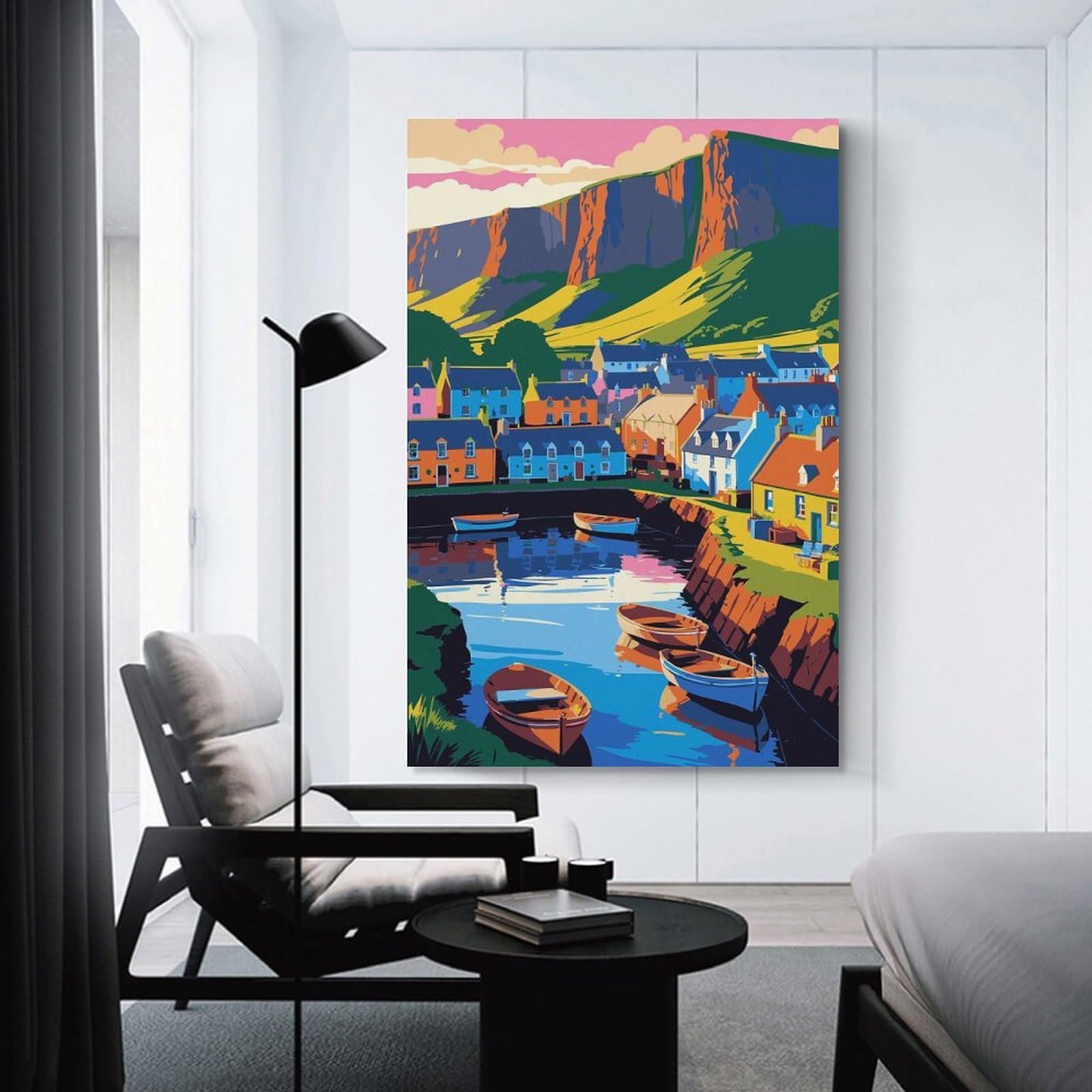 Junmoney Colorful Coastal Village with Boats Canvas Wall Decor 20x30inch(50x75cm), for Calm Bedrooms, Home Corners Or Flats, An Easy Wall Refresh for Bedrooms