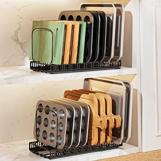 Housolution 2 Pack Baking Tray and Cookie Sheet Organizer, Cutting Board Organizer with 2 Using Methods, Bakeware Muffin Tin Storage Rack with 10 Adjustable Dividers for Cabinet, Black