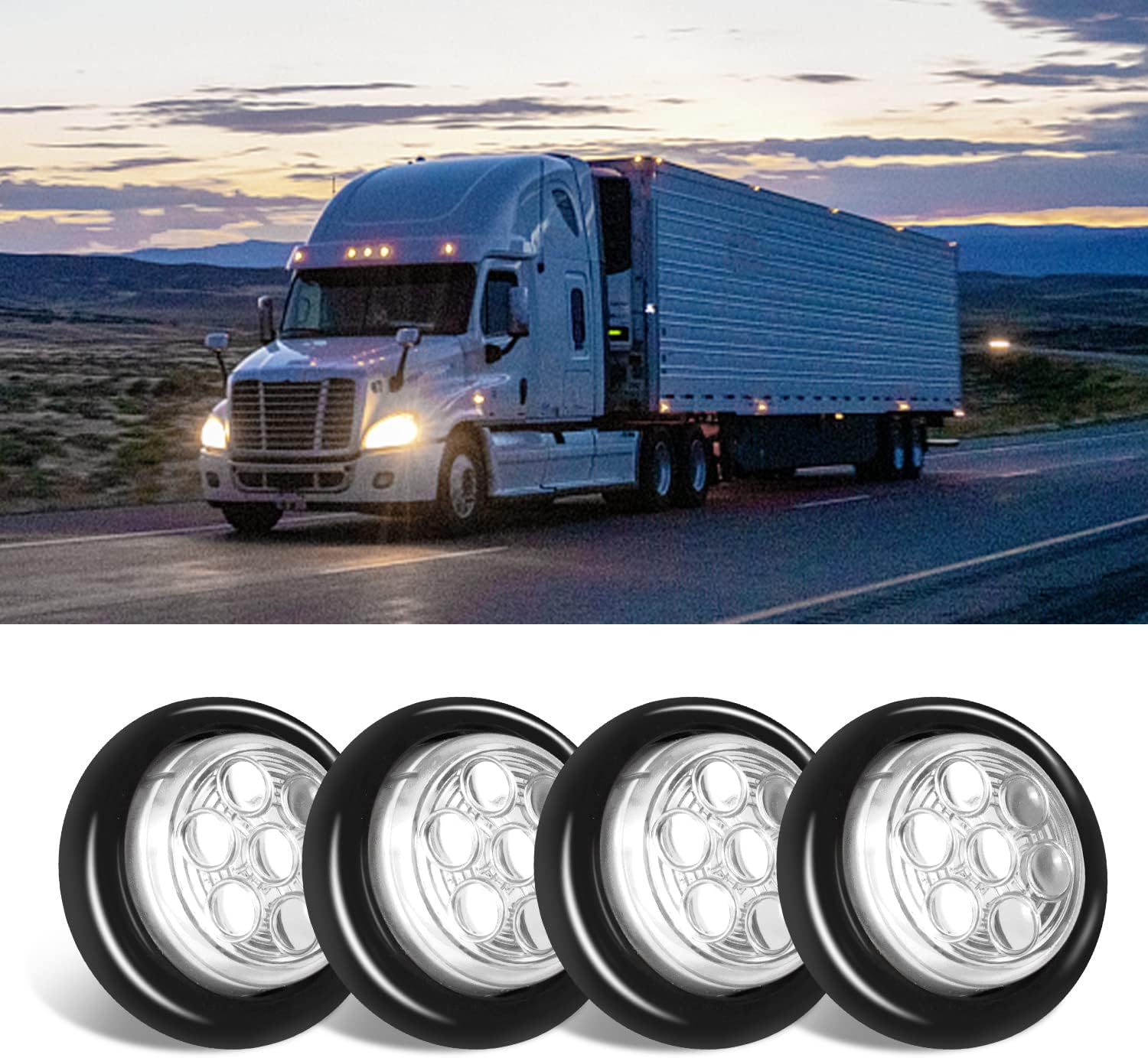 4 Pack Sealed Waterproof Round 2 Inch White 7 LED Clearance Marker Lights Signal Tail Light with Rubber Grommet Flush Mount for Trailer Truck Bus Pickup ATV RV Lorry Caravan 12V