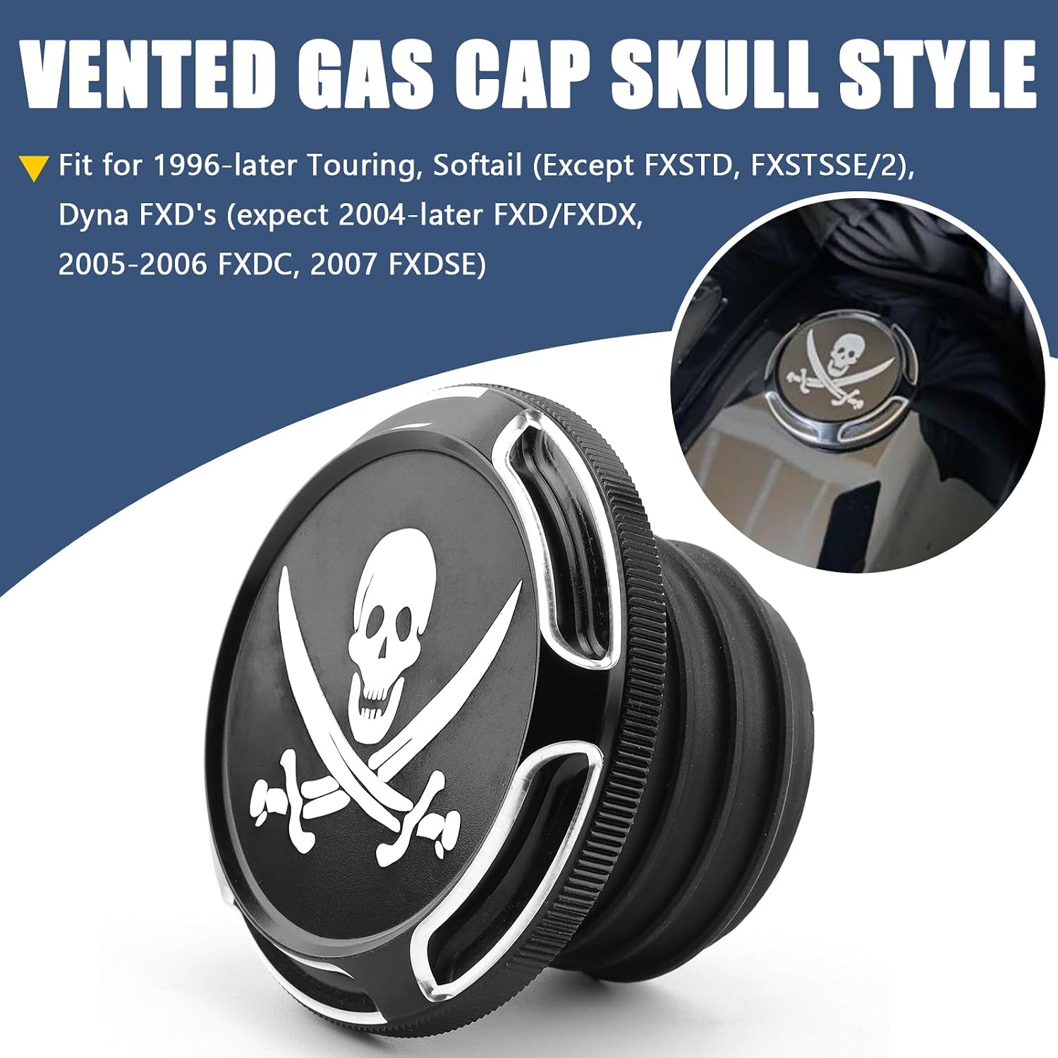 Motorcycle Vented Gas Cap Fuel Tank Cap Fit For Harley 1996-later Touring Road King Street Glide Electra Glide Softail Breakout FXLRS FXBB Dyna Fat Bob (Pirate Skull)