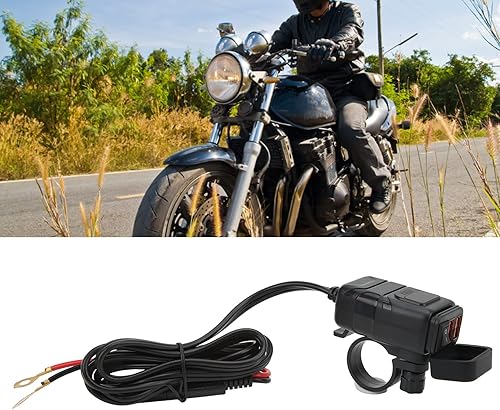 Miniatura 5 de Adaptador dual USB SAE a USB para motocicleta con interruptor de cubierta impermeable, carga rápida, voltímetro integrado para teléfono y tableta