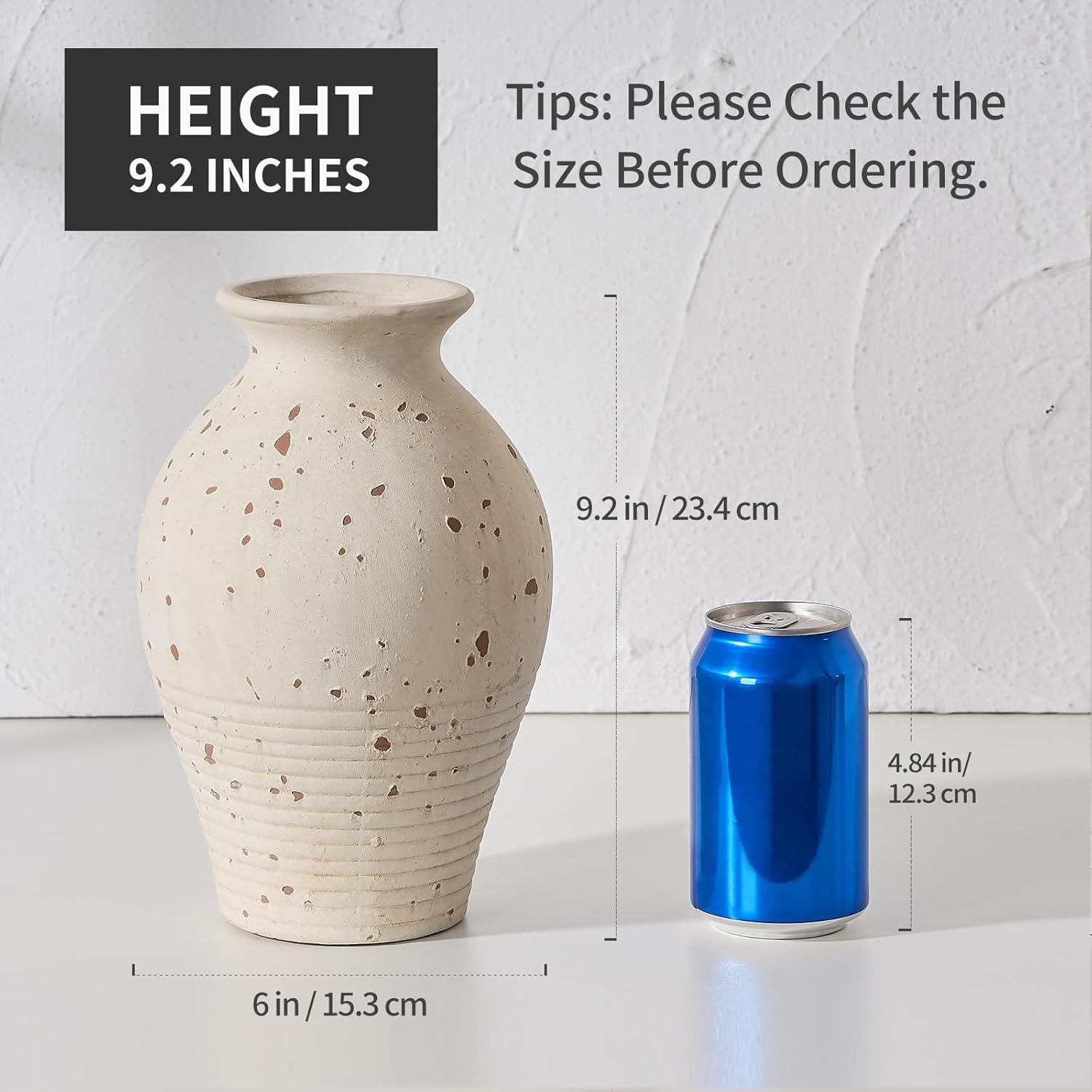 SIDUCAL Ceramic Rustic Farmhouse Vase, 9.2 inch Whitewashed Terracotta Vase,Clay Decorative Vases for Home Decor, Table, Living Room, Shelf, Mantel Decoration(White)