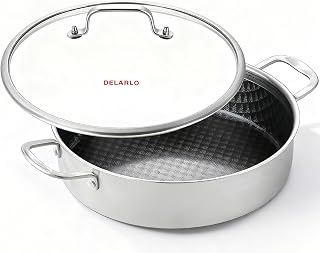 DELARLO Saute Pan 8QT, Frying Pan Nonstick with Lid, Tri-ply Stainless Steel Skillet, Large Braiser Induction, Everyday Pans, Heavy Duty Style, Compatible with All Cooktops Up to 660℉