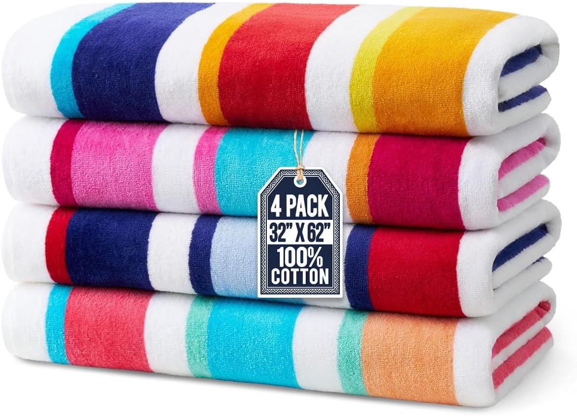 Ben Kaufman Joey Velour Colored Classic Multi-Color Stripe Beach & Pool Towel - Large Cotton Towel - Soft & Absorbant - Assorted Colors - 32โ x 62โ - 4 Pack