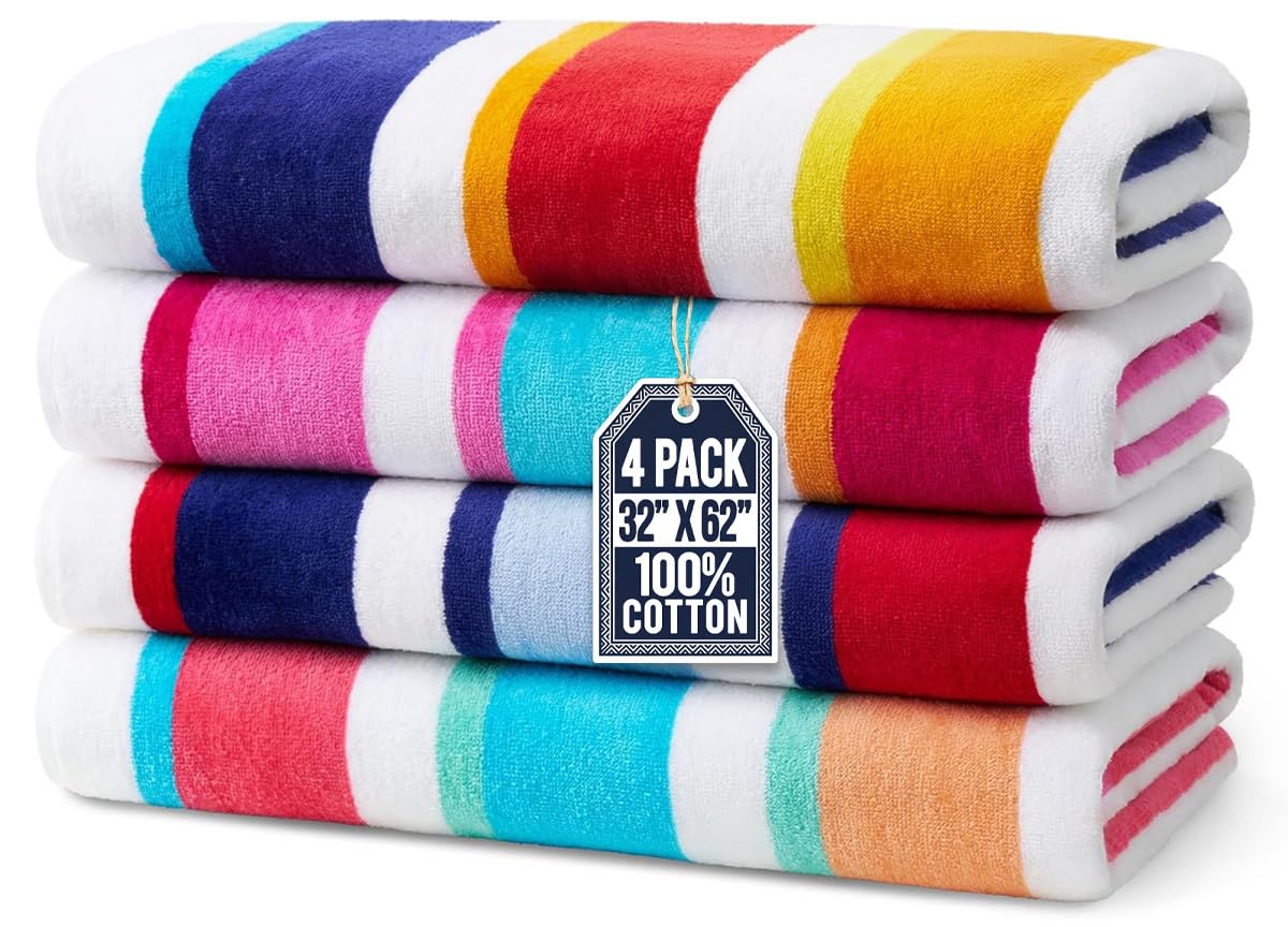 Ben Kaufman Joey Velour Colored Classic Multi-Color Stripe Beach Pool Towel - Large Cotton Towel - Soft Absorbant - Assorted Colors - 32” x 62” - 4 Pack