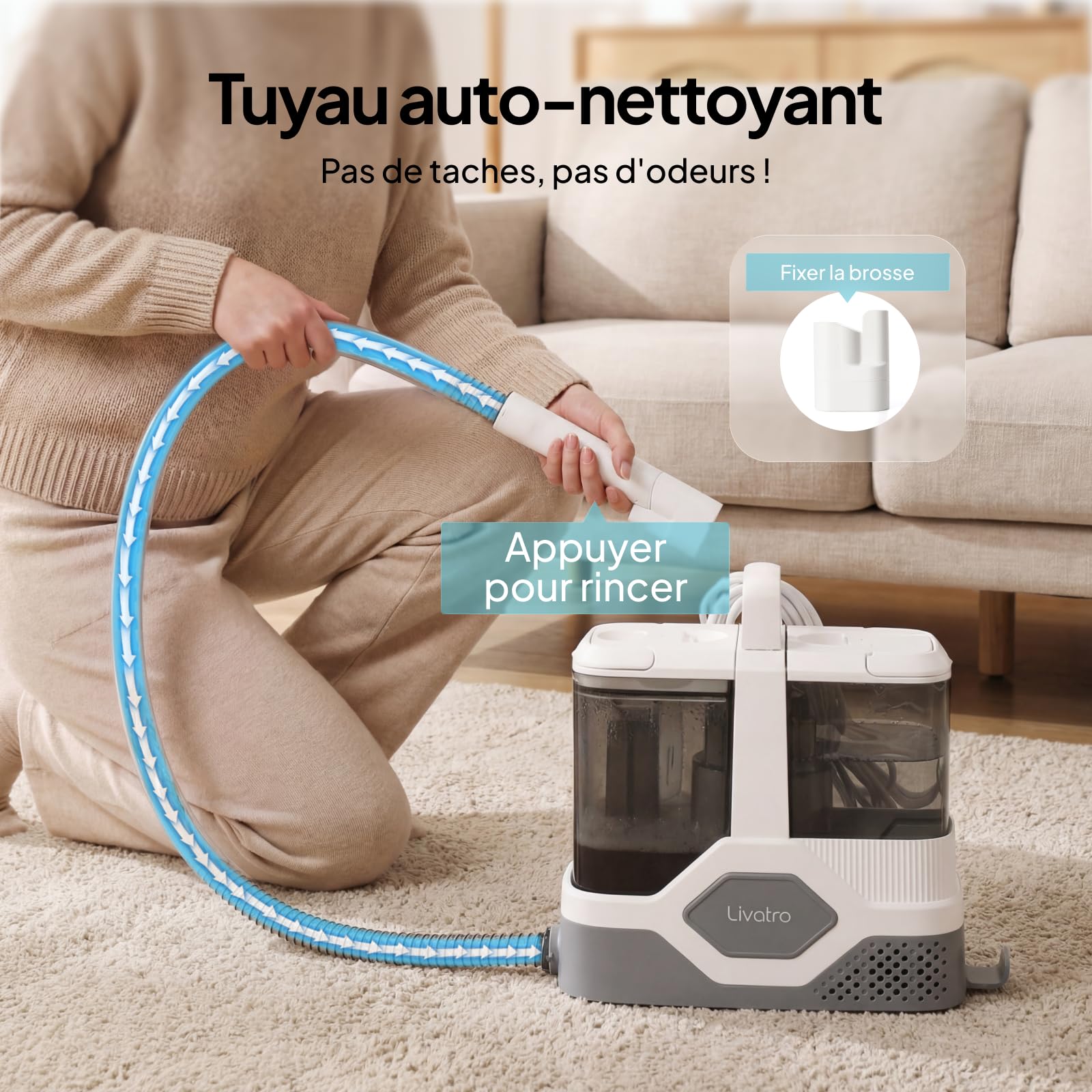 Livatro Shampouineuse Nettoyeur Canapé Tissu, 600W 16KPa Injecteur Extracteur, Fonction Autonettoyante, Réservoir 2,3 L, Compact et Portable, Shampouineuse Canape pour Tapis, Moquettes, Meubles, Auto
