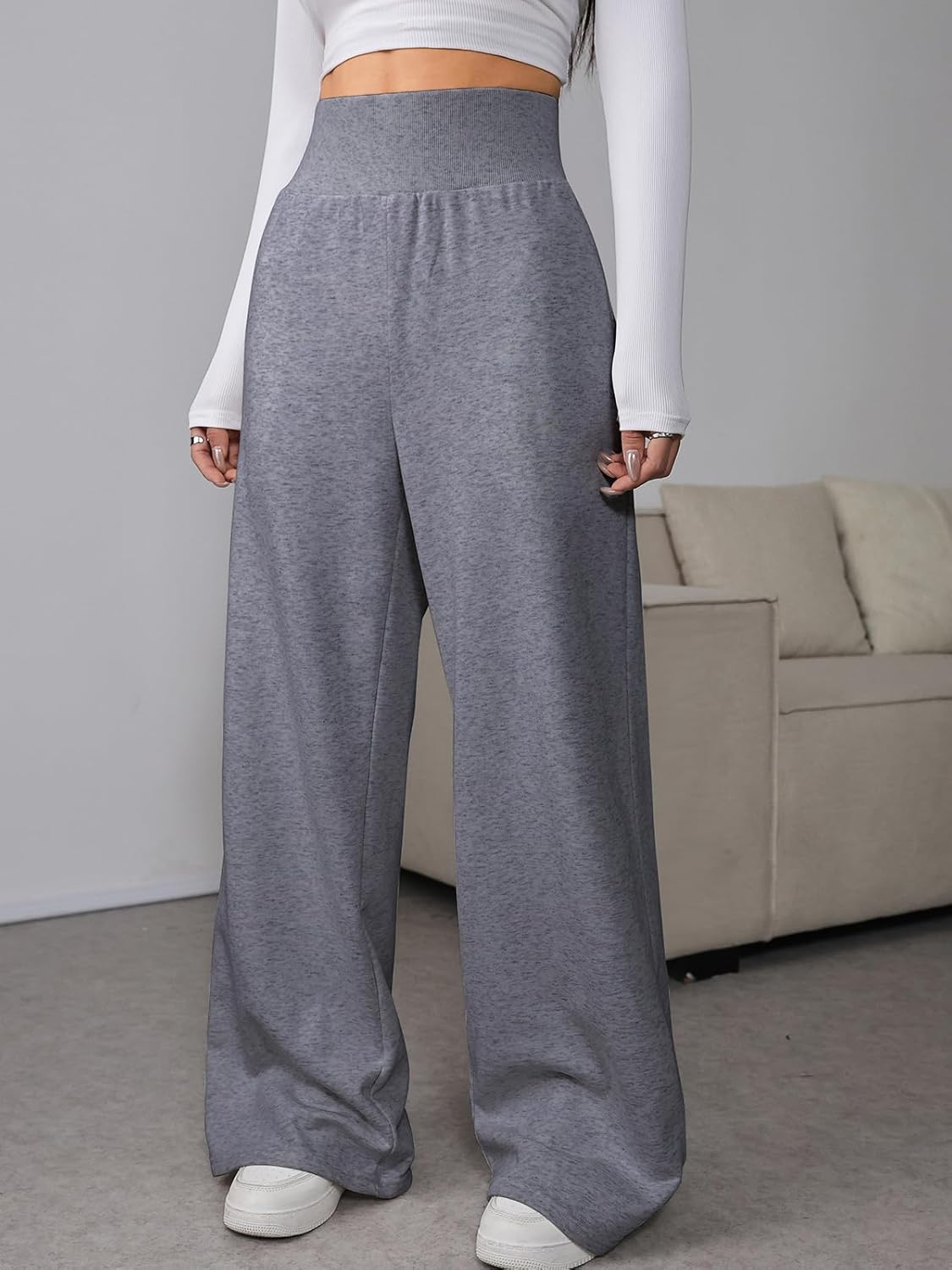 Women's Wide Leg Sweatpants Baggy Ribbed High Waist Straight Leg Casual Loose Fit Sweat Pants with Pockets - Image 3