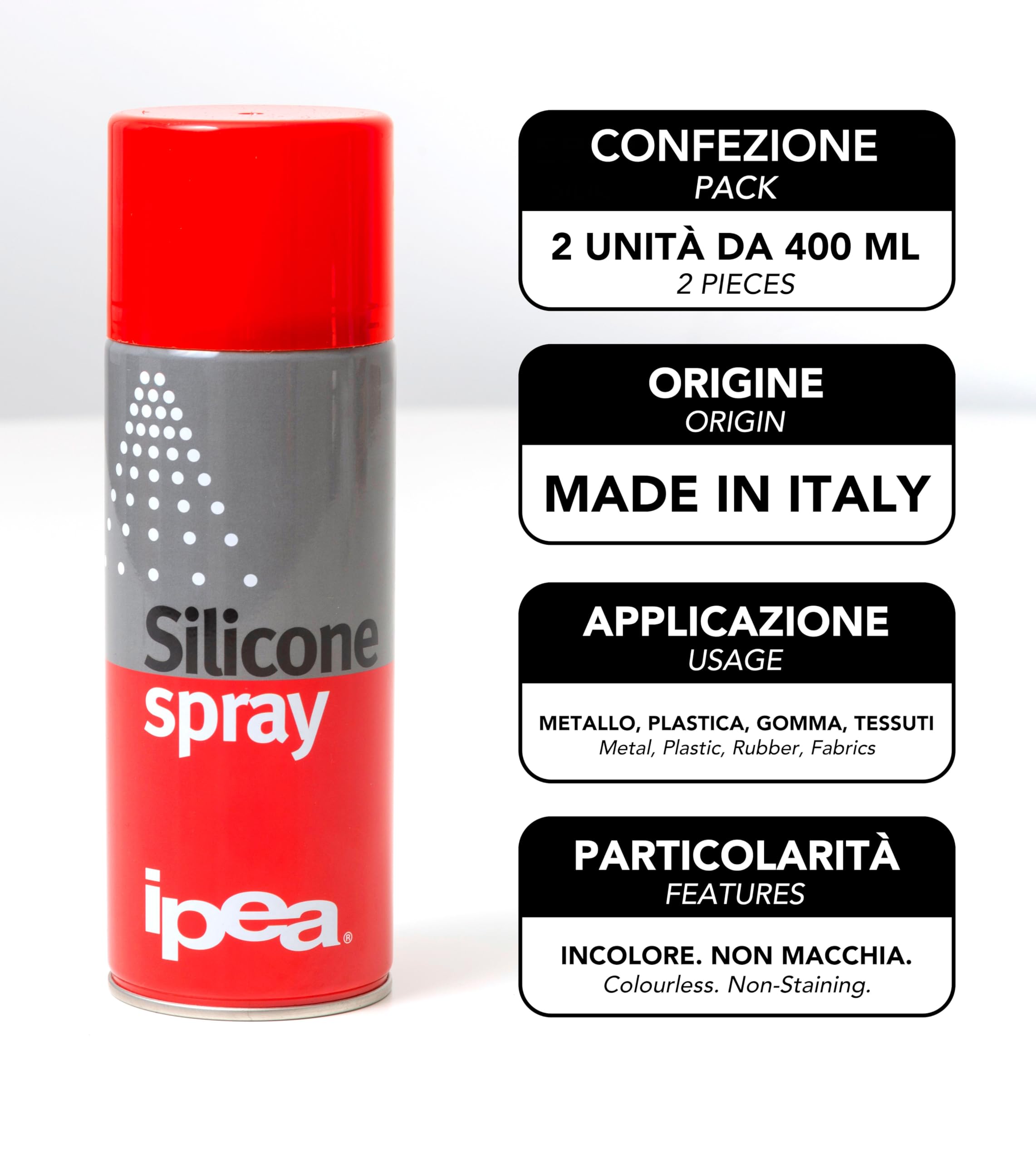 IPEA 2x Spray al Silicone Lubrificante, Protettivo, Antiadesivo 400 ml [800ml totali] - Bomboletta Spray Multiuso Incolore per Metallo, Gomma, Plastica, Legno, Tessuti - Per Elettrodomestici