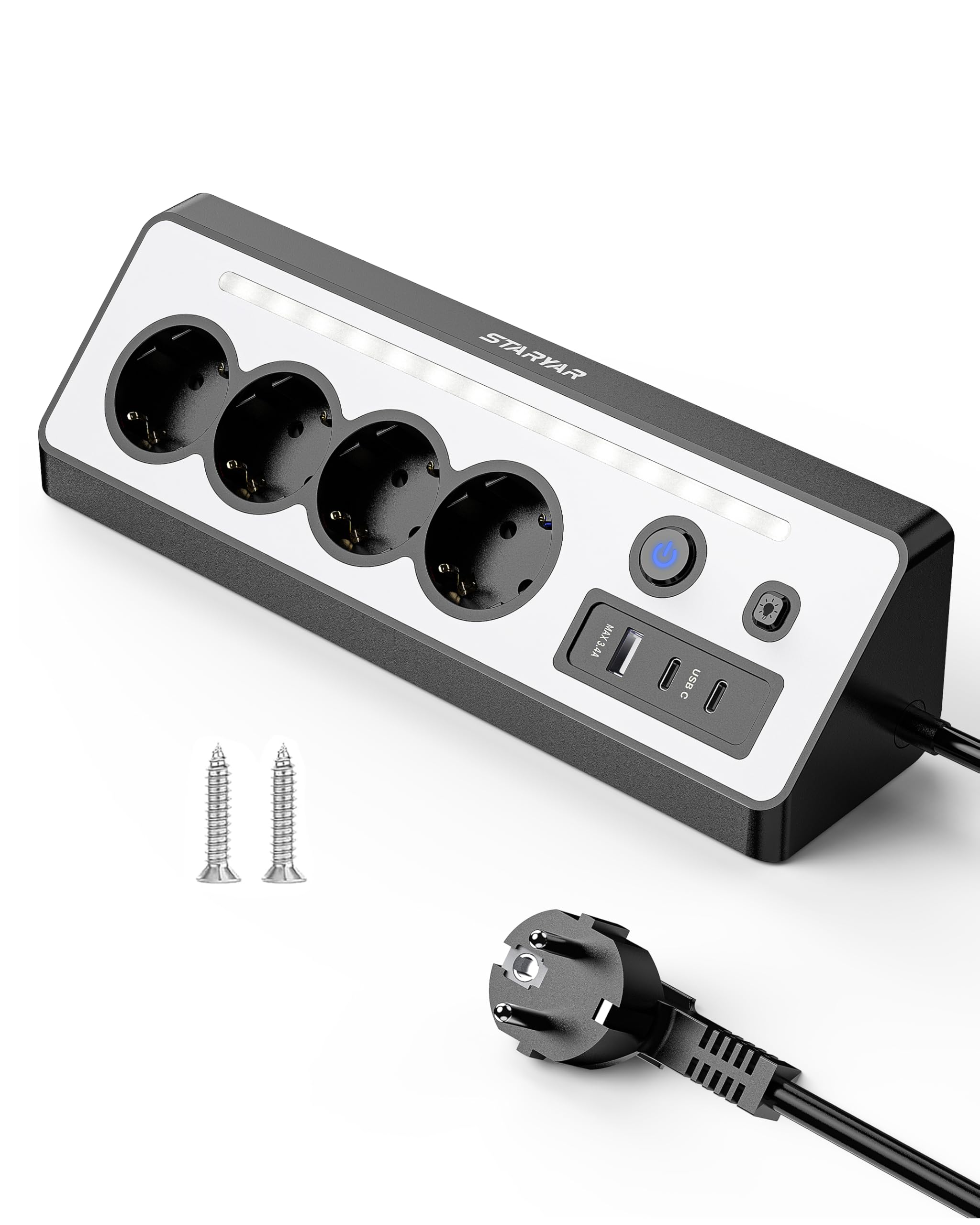 Desktop Steckdosenleiste, 4 Fach Mehrfachsteckdose mit USB und 2 Type-C,16A 3680W Ecksteckdose mit 2 Schalter, Steckerleiste Überspannungsschutz mit LED, Mehrfachstecker für Küche,Büro,Schwarz