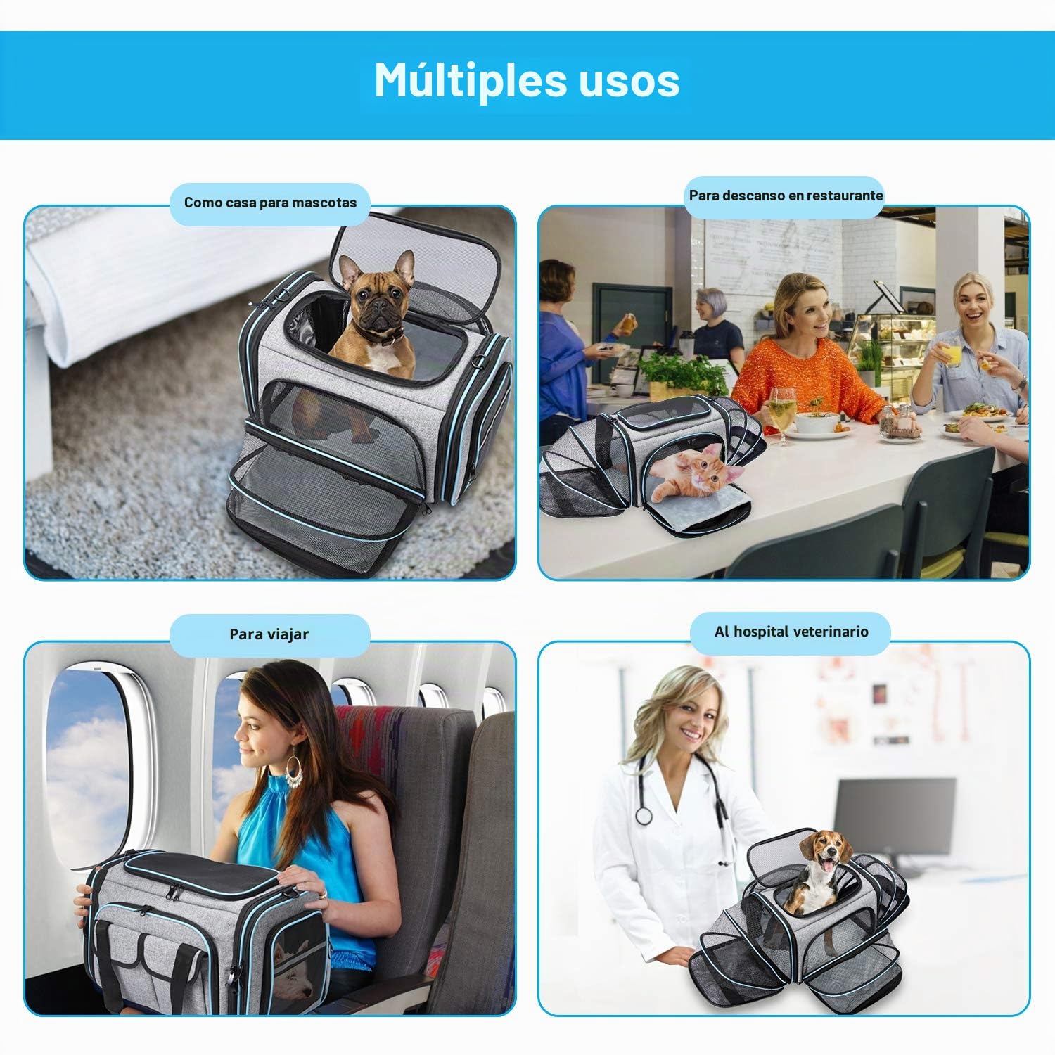 Transportador de mascotas aprobado por aerolíneas, transportador grande y suave para mascotas, transportador plegable de 4 lados expandible para gatos con almohadilla de forro polar extraíble