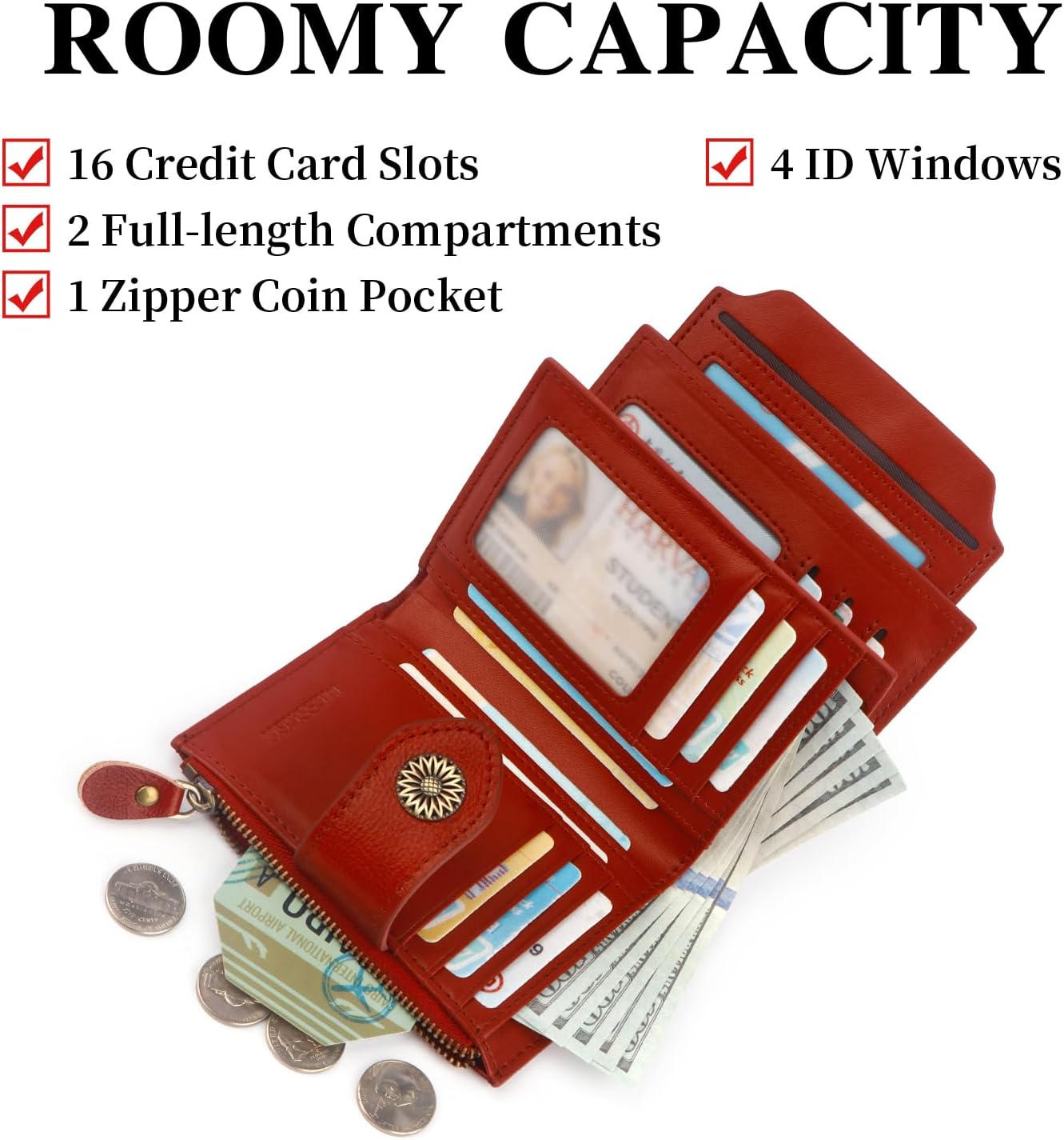 RFID Wallet Women,Bifold Leather Womens Wallet,Compact Designer Carteras Para Mujer Card Holder with Removable ID Window(red)