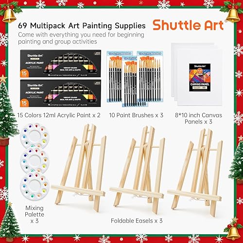 Vista 3 de Shuttle Art 69 Pack Acrylic Paint Set, Painting Set with 2 Pack of 15 Colors Acrylic Paint, 3 Sets of Wooden Easels, Canvas, Brushes & Palettes, Art