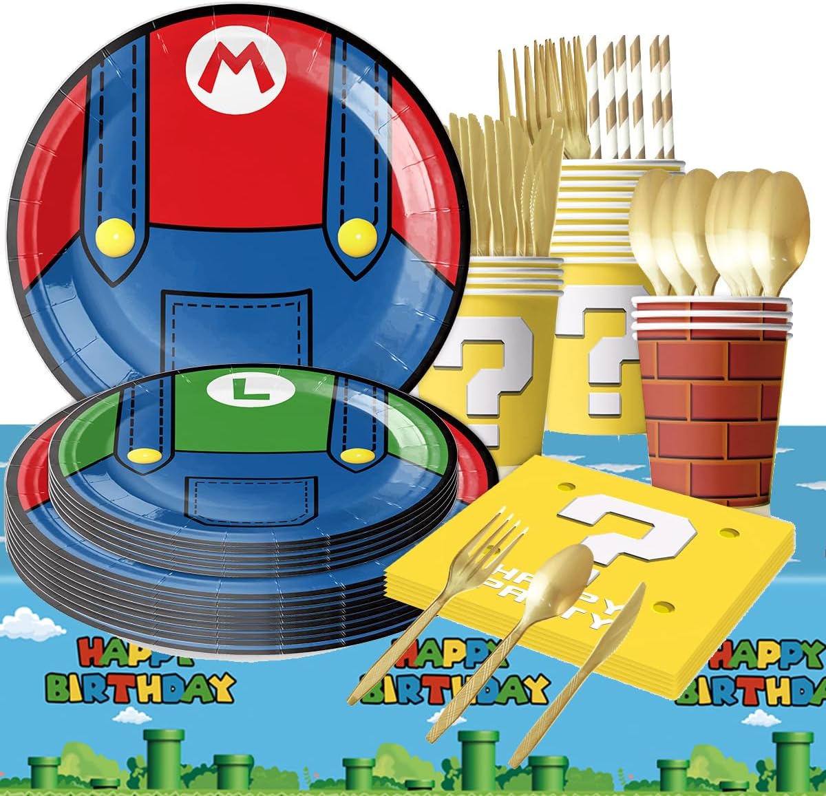 91Pcs Super Themed Party Supplies, Video Game Tableware Set Including Paper Plates, Napkins, Tablecloth, Straws, Cups, Knives, Spoons and Forks for Boys Birthday Party Decorations (Blue)