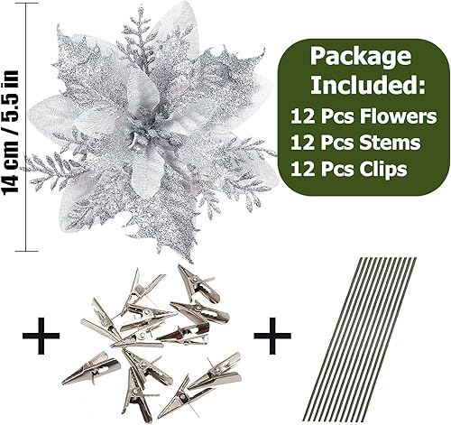 Miniatura 4 de FACINOC 12 flores artificiales de Pascua de Navidad de 5.5 pulgadas con clips y tallos, adornos con purpurina para árbol de Navidad, boda, fiesta,