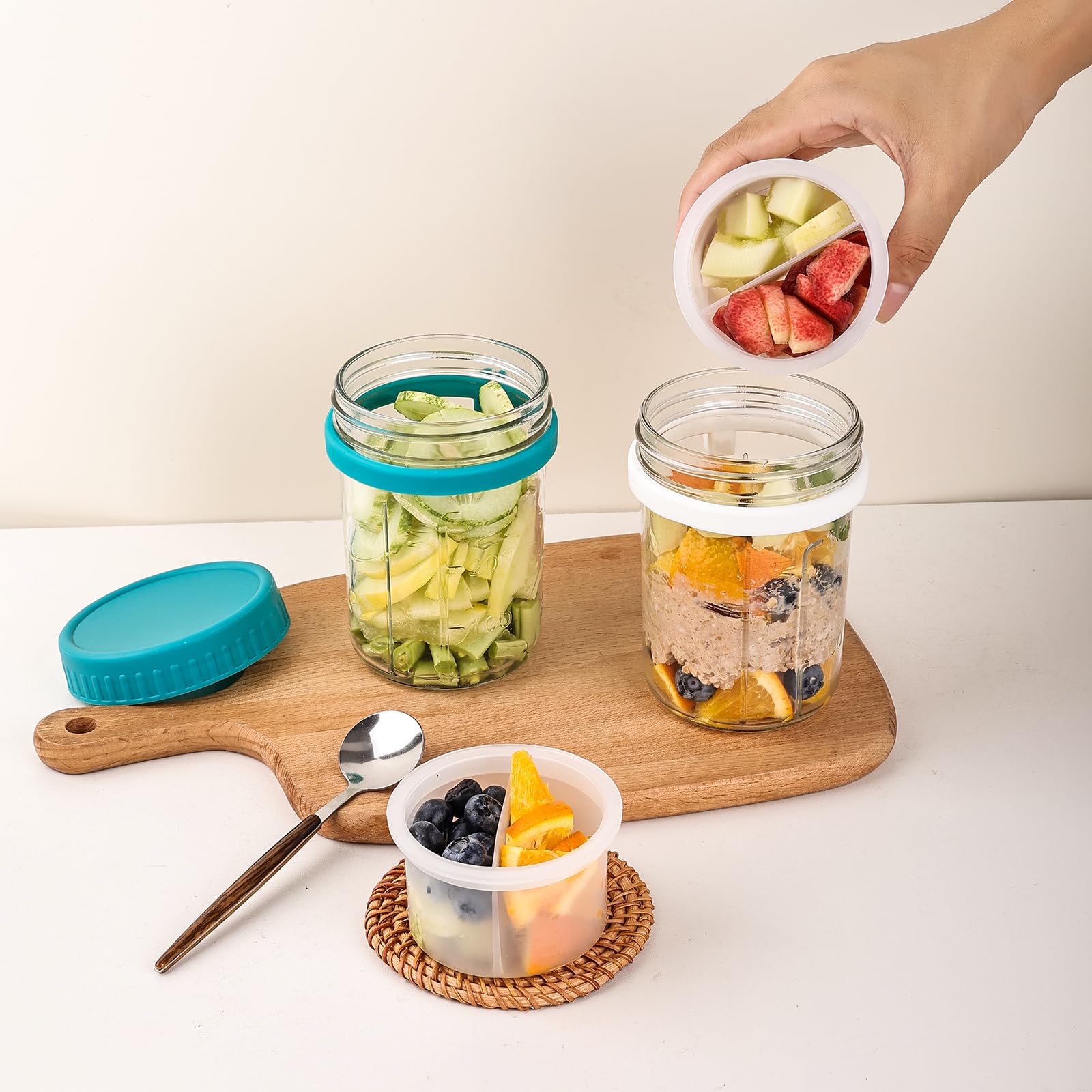 Aevcvok Overnight Oats Jar, 300 ml glazen met deksel, maaltijd prep glazen container voor levensmiddelen, glazen voor yoghurt, pudding, smoothie, haver, salades, 4 stuks