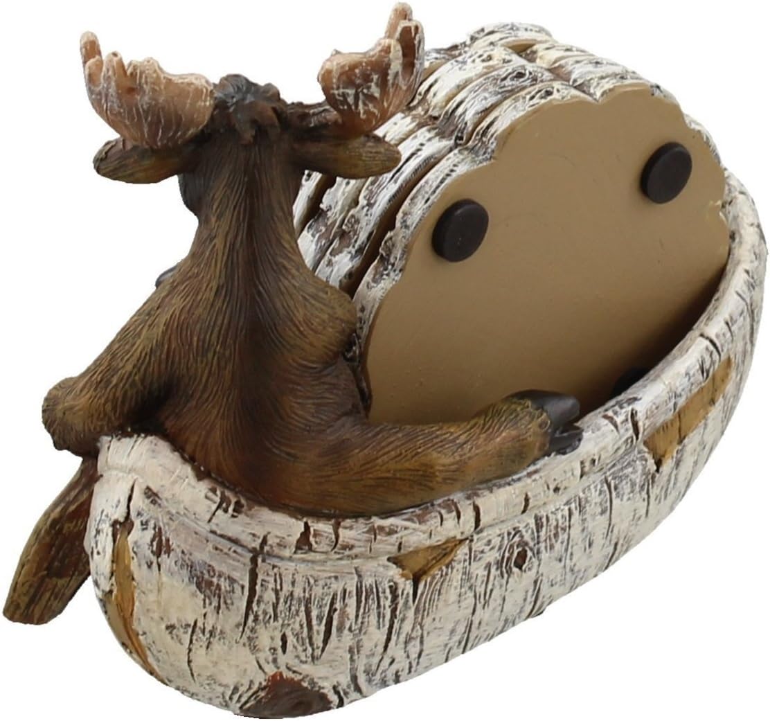Decorative Moose Canoeing Coaster Set - 4 Rustic Cork Coasters & Holder Set - Image 2