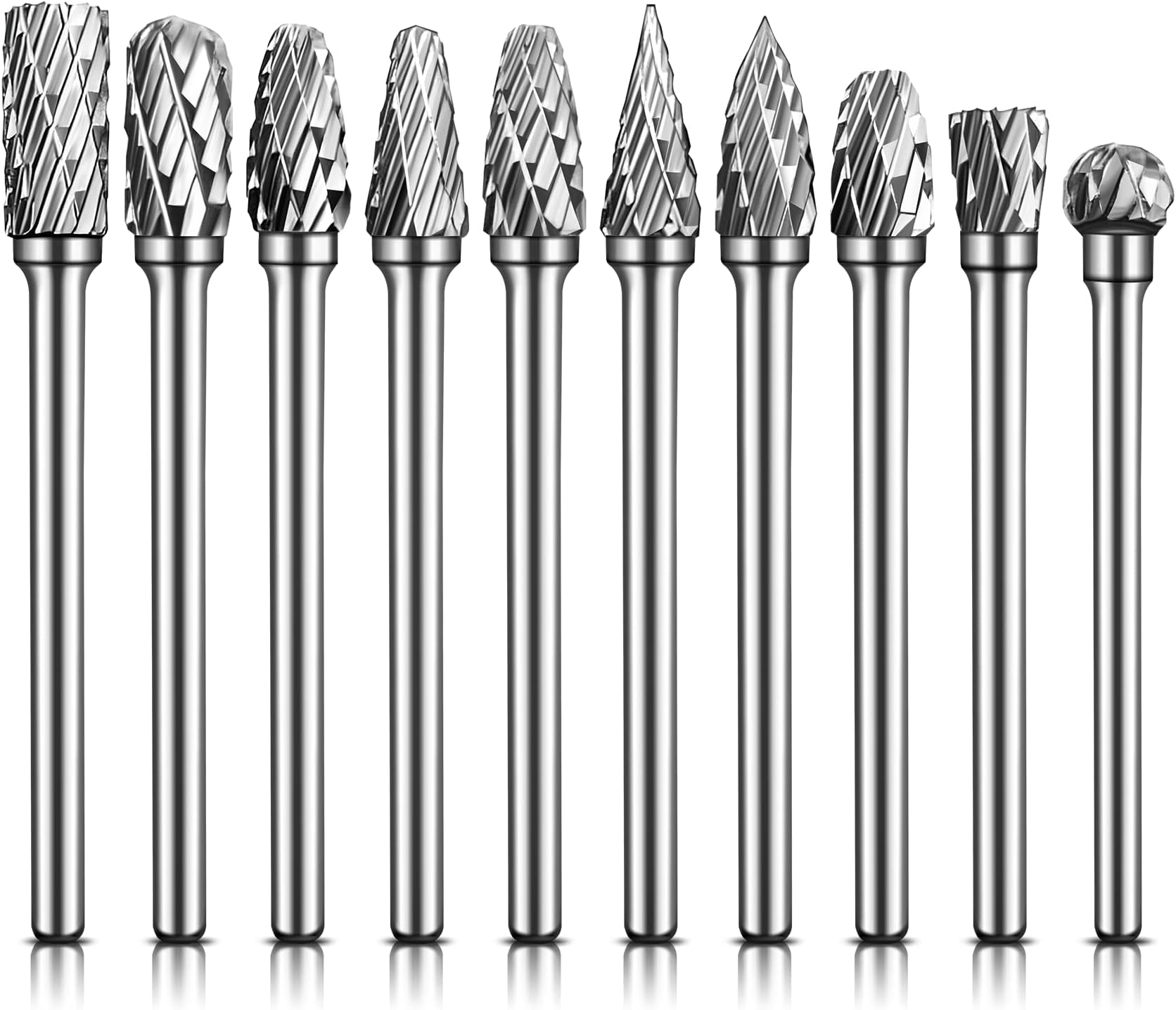 WHISTECKWHISTECK Titanium Carbide Rotary Burr Set - 10pcs Double Cut Tungsten Steel Die Grinder Bits, 3mm(1/8") shank and 6mm(1/4") Head Size for Woodworking, Drilling, Metal Craving, Engraving, Polishing