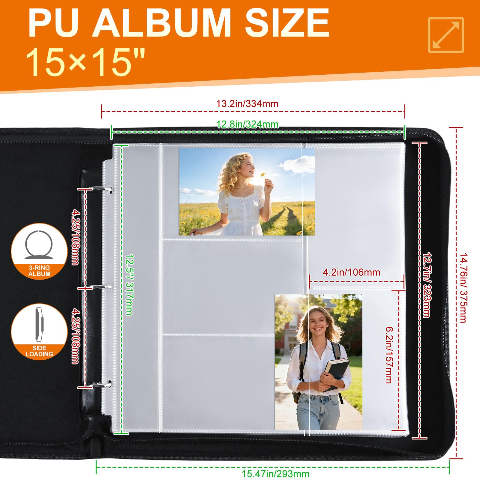 Álbum de fotos de 4 x 6 pulgadas para carpeta de 3 anillas, kit de álbumes de fotos de cuero con cremallera con 20 protectores de página, capacidad para 200 fotos de diseño mixto, gran capacidad