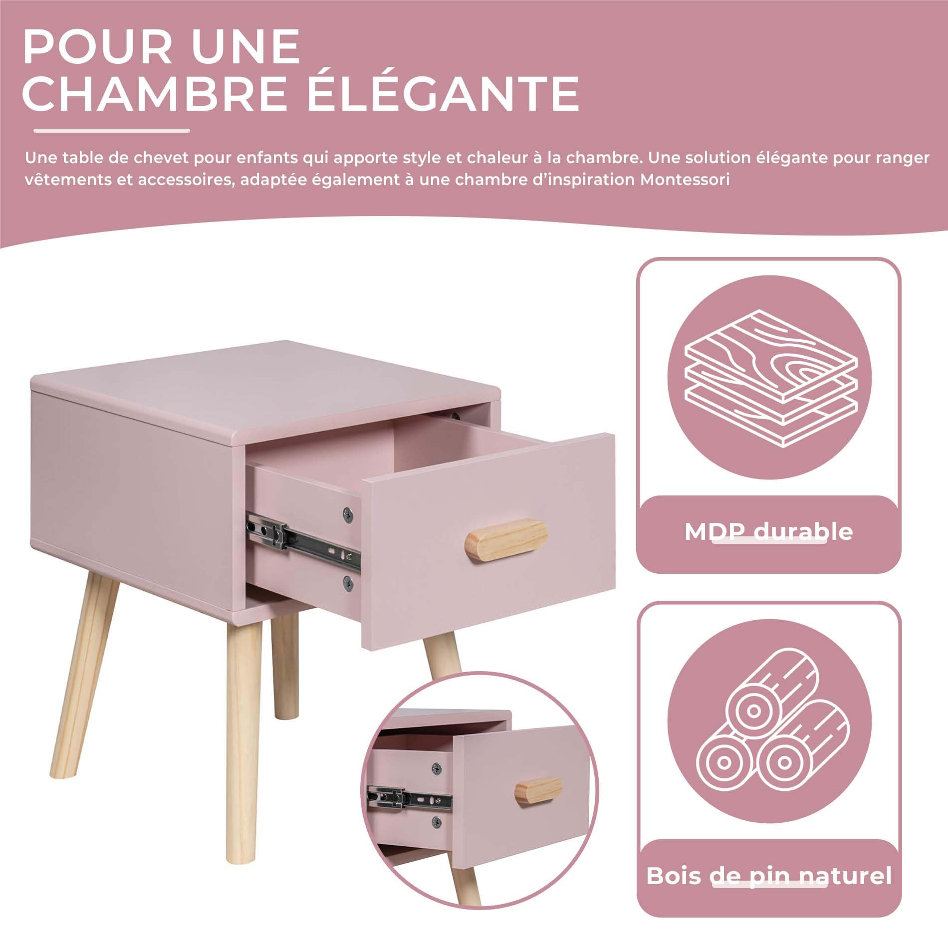 Rebecca Mobili Table de Chevet pour Enfants, Mobilier pour Chambre d'enfant, Rose Marron, Pin MDF, avec 1 Tiroir avec Guides, Gain de Place - Dimensions HxLxP: 44 x 35 x 35 cm - Art. RE6977