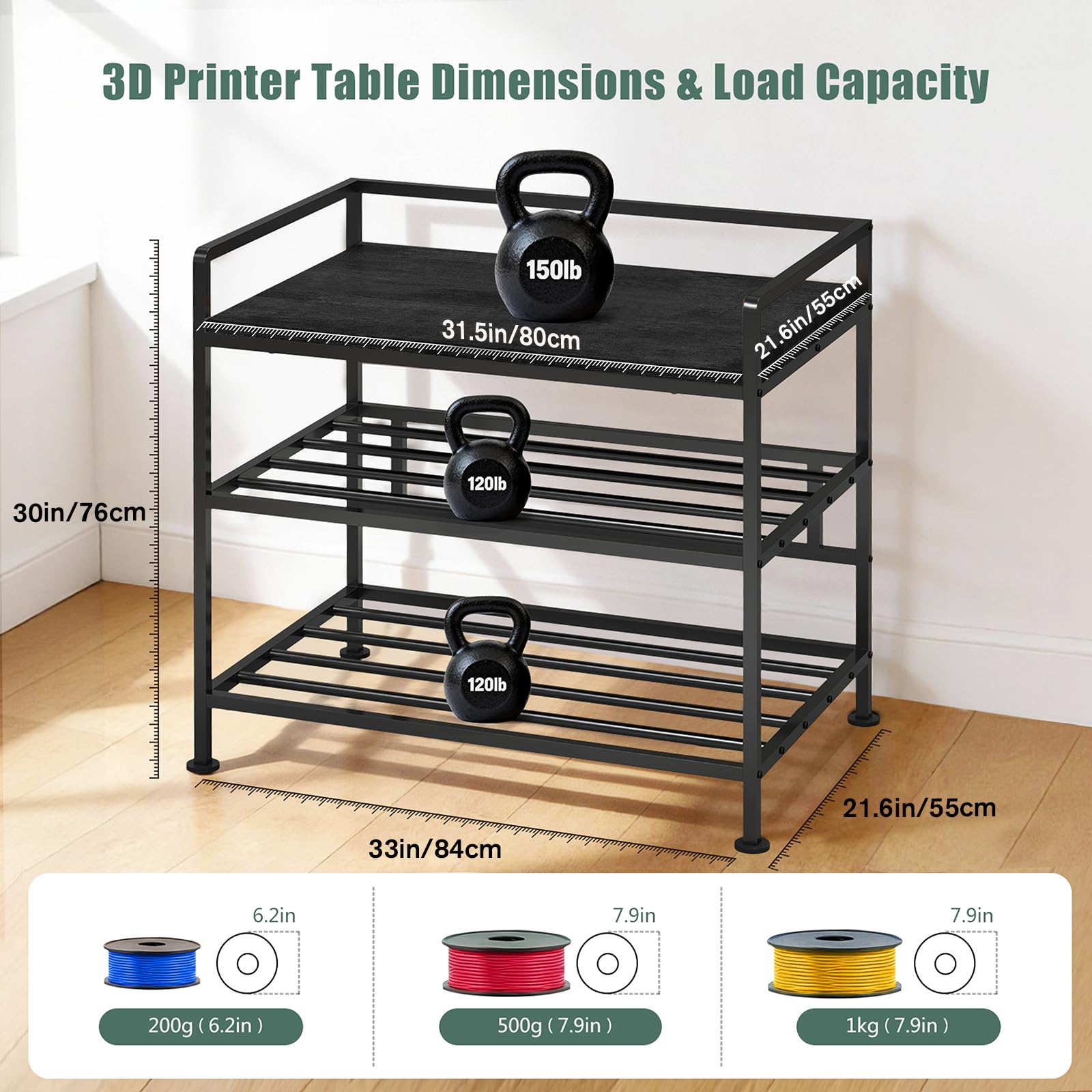 Supporto di Stoccaggio per Filamenti 3D da 840 x 550 x 760 mm Ripiano per Filamento per Stampante 3D a 3 Livelli con Contenitore per Filamenti e Ruote, per Ufficio e Officina, Nero