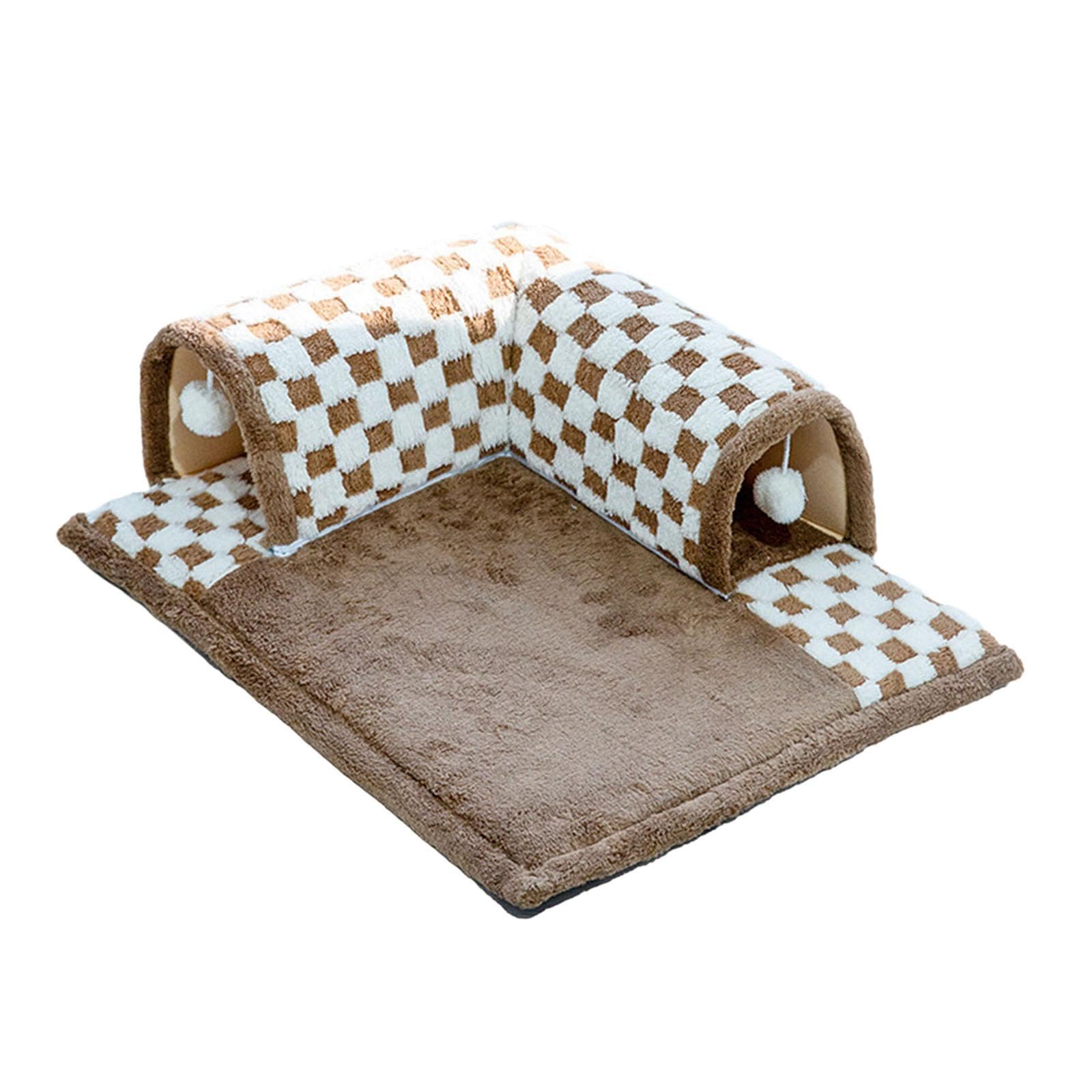 Tunnel pour Chats Tunnel Lit Jouet Balle Maison de Jeu Habitat Animaux Petits Tapis Amovible Pliable Douceur Convenable Chatons Lapins Intérieur, Marron M