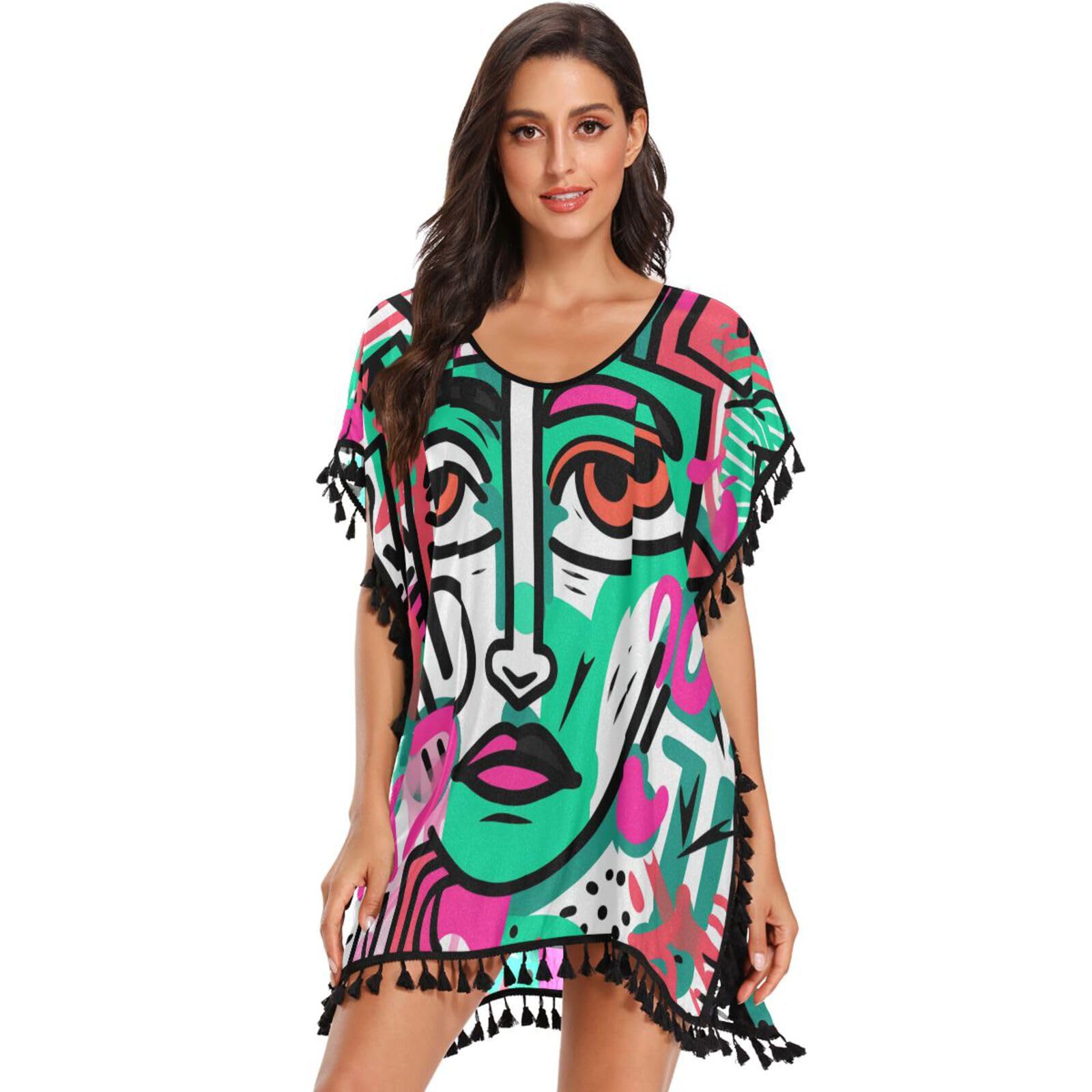 Abstract Doodle Line Art Face Women's Beach Cover Up Chiffon Tassel Swimwear Swimsuit Coverups for Girl