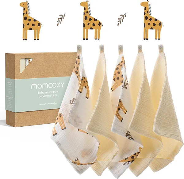 Momcozy Soft & Absorbent Baby Washcloths - 4 Layer Design| Medium Thickness| Premium Cotton for Newborns' Skin-Great for Bathing, Wiping & on-The-go Use, Shower Gift and Essential(5 Pack, 10x10 inch)
