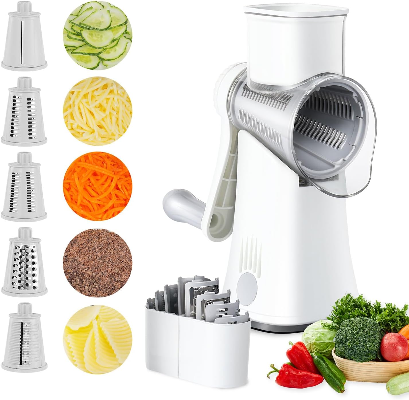 EDEFlSY Cheese Grater, 5-in-1 Kitchen With Handle, Perfect for Fruits Shredder in the Kitchen. Versatile Rotary Vegetables Grater Can Also be Used for Nuts and Chocolate