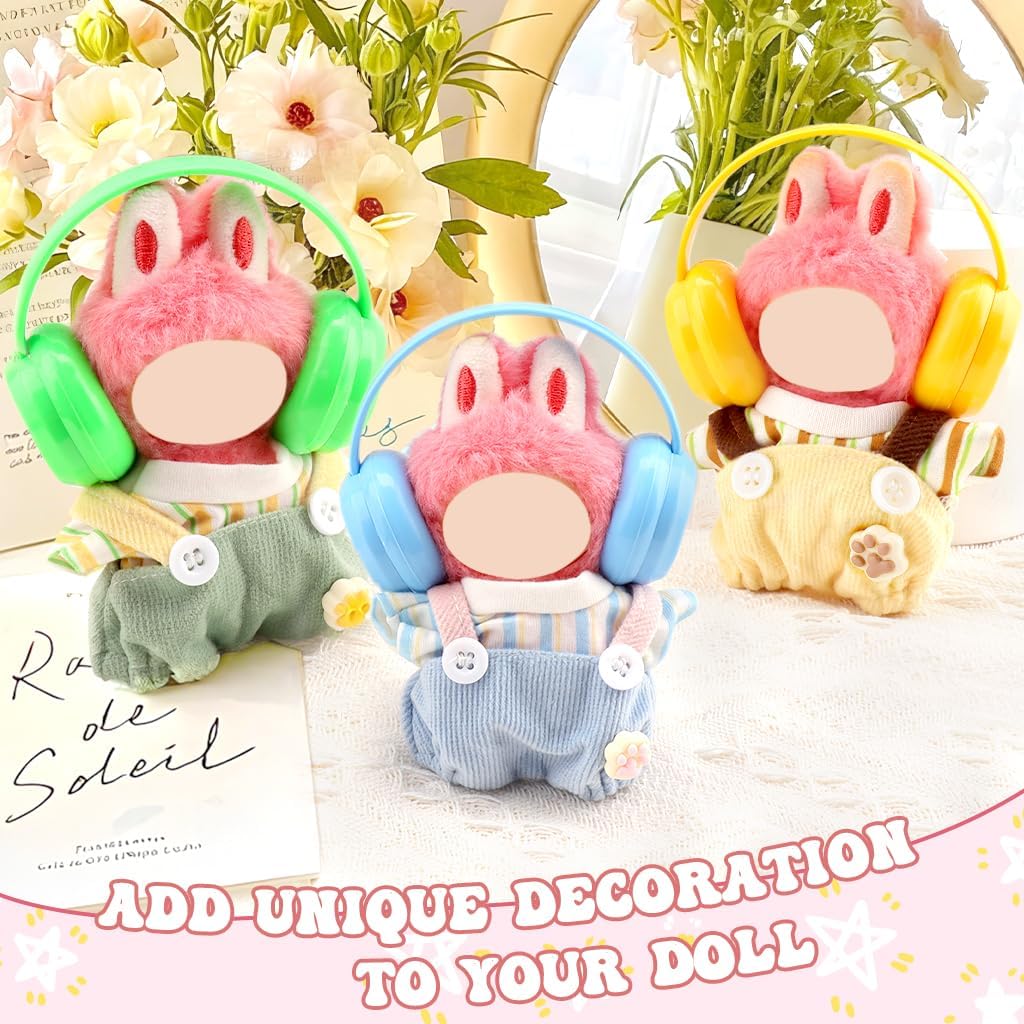 WALLFID Pin for Love Series Doll Clothes Set 10cm (NO Doll), 3-Pack Casual Outfits with Overalls and Headphones, Mini Clothes Accessories for Dress Up, Photography & Collector Display (Yellow)