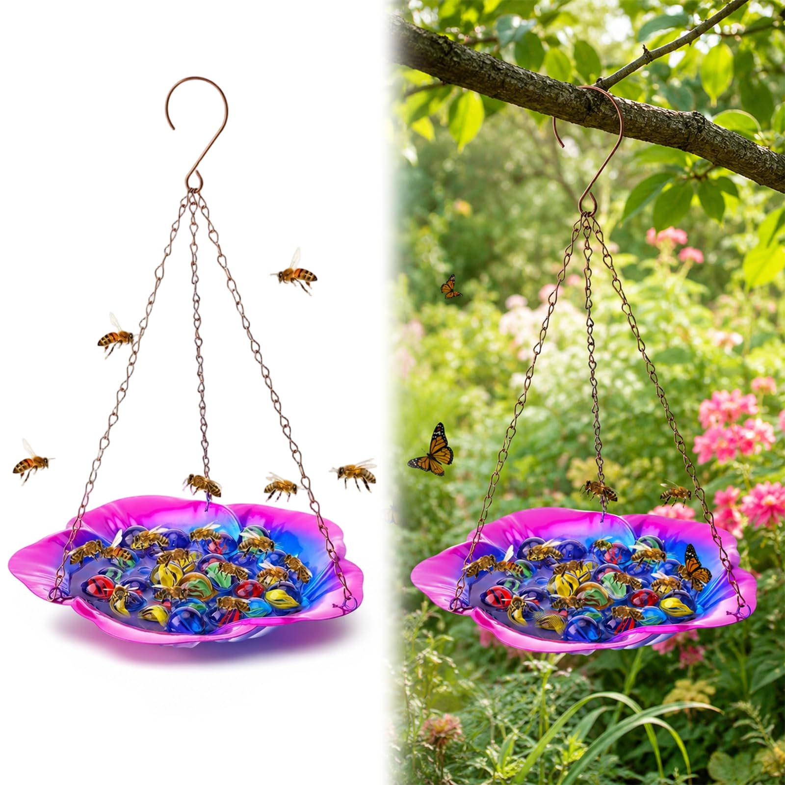 Flower Bee Watering Station, Metal Butterfly Feeder Cup with 30 Colorful Glass Marbles, Bee Drinking Cups for Outdoor Patio Yard Bird Bath, Nature Lover Gift