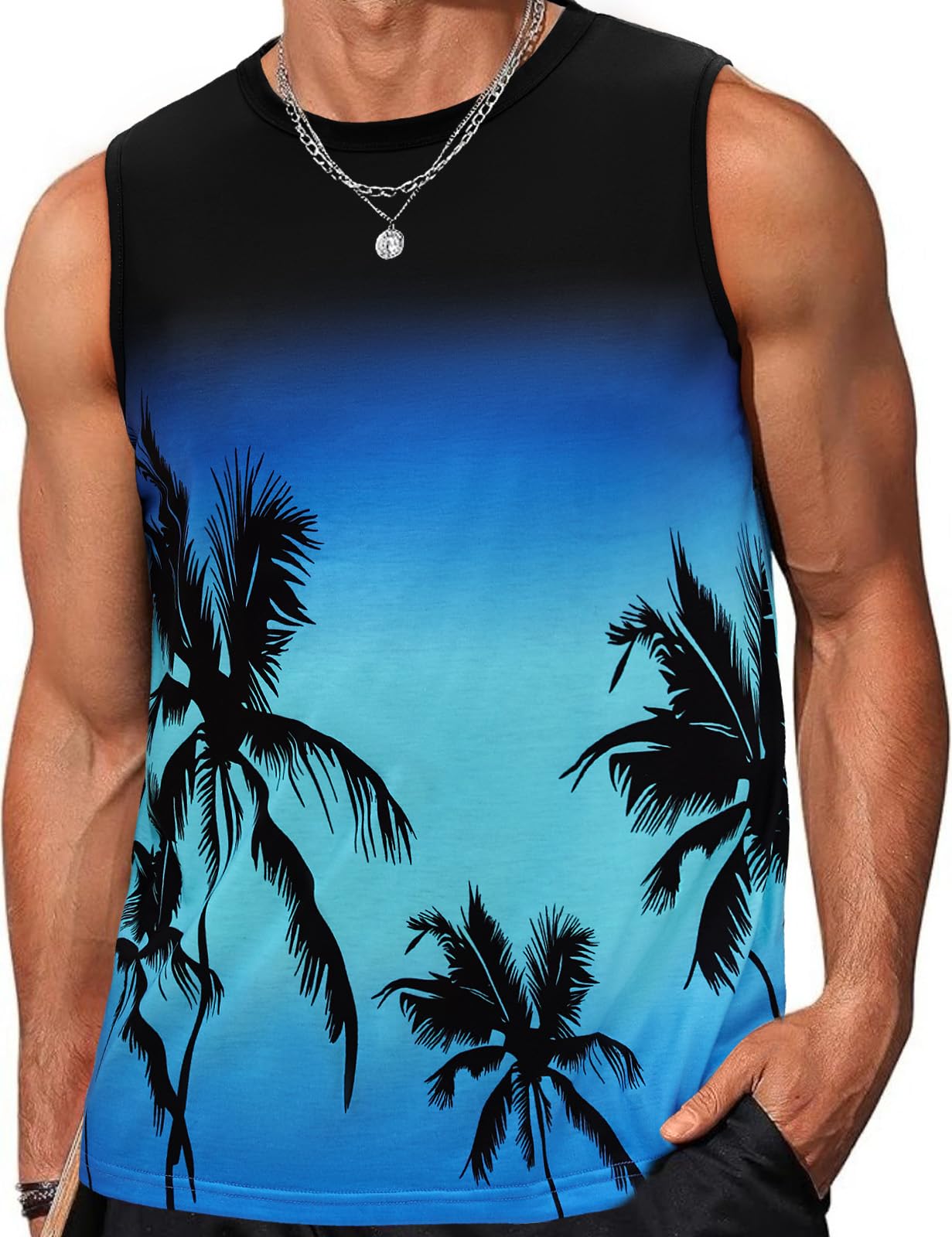 Mens Vests Tops Sleeveless Tshirt Men Tank Top Summer Round Neck Graphic Palm Tree Vests for Beach Holiday Gym