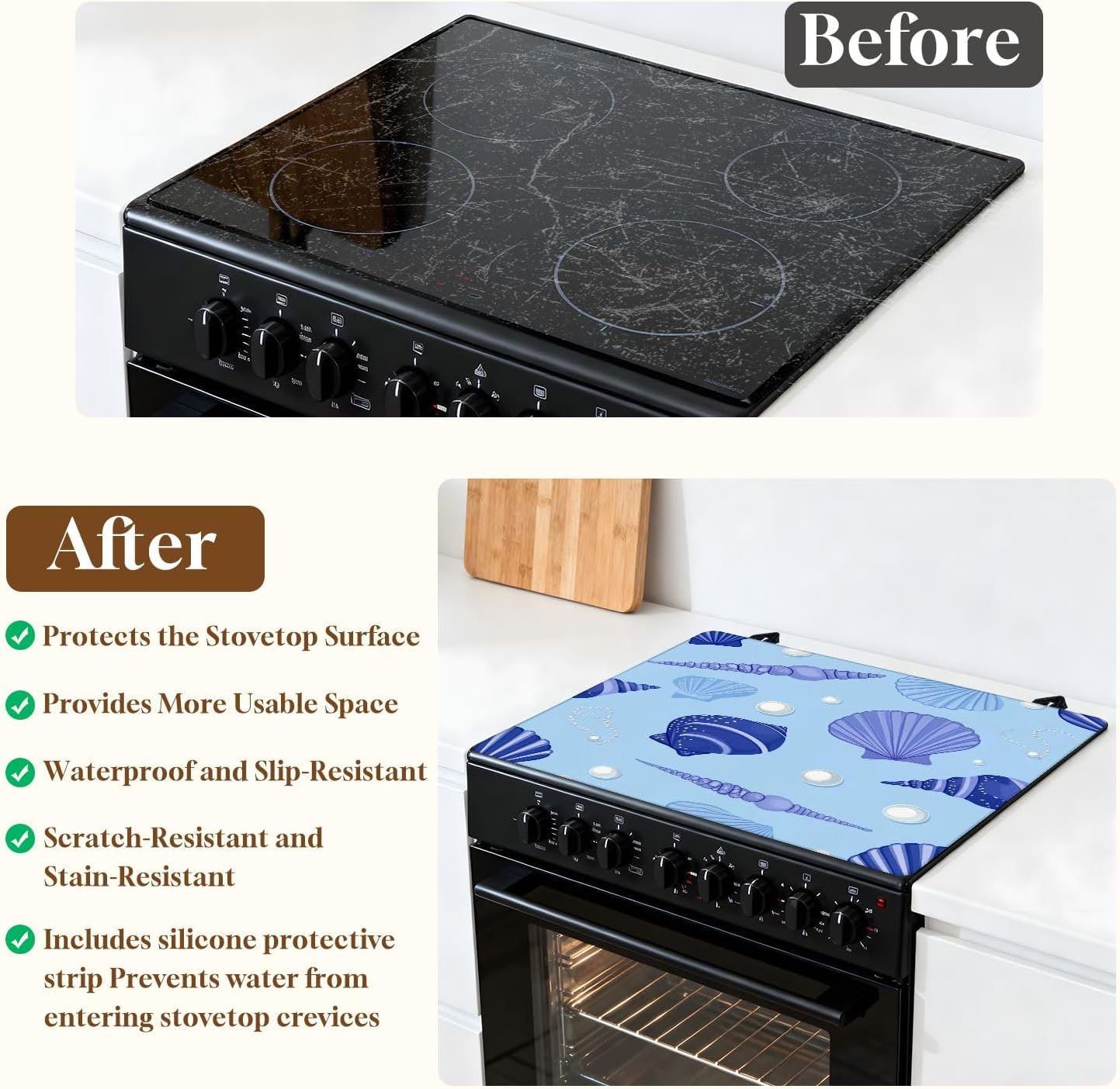Stove Top Covers for Electric Stove Purple Seashells Pearls Soft Blue Glass Cooktop Burner Covers Heat Resistant Protector Kitchen Decor Keep Stove Clean 28''x20''