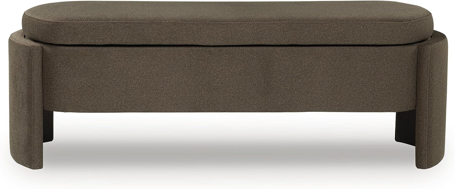 Signature Design by Ashley Vavuniya Entryway Storage Bench, Brown | 100% polyester heathered fabric, Wood and engineered wood frame, Capsule shape, Hinged seat, Entryway or bedroom use
