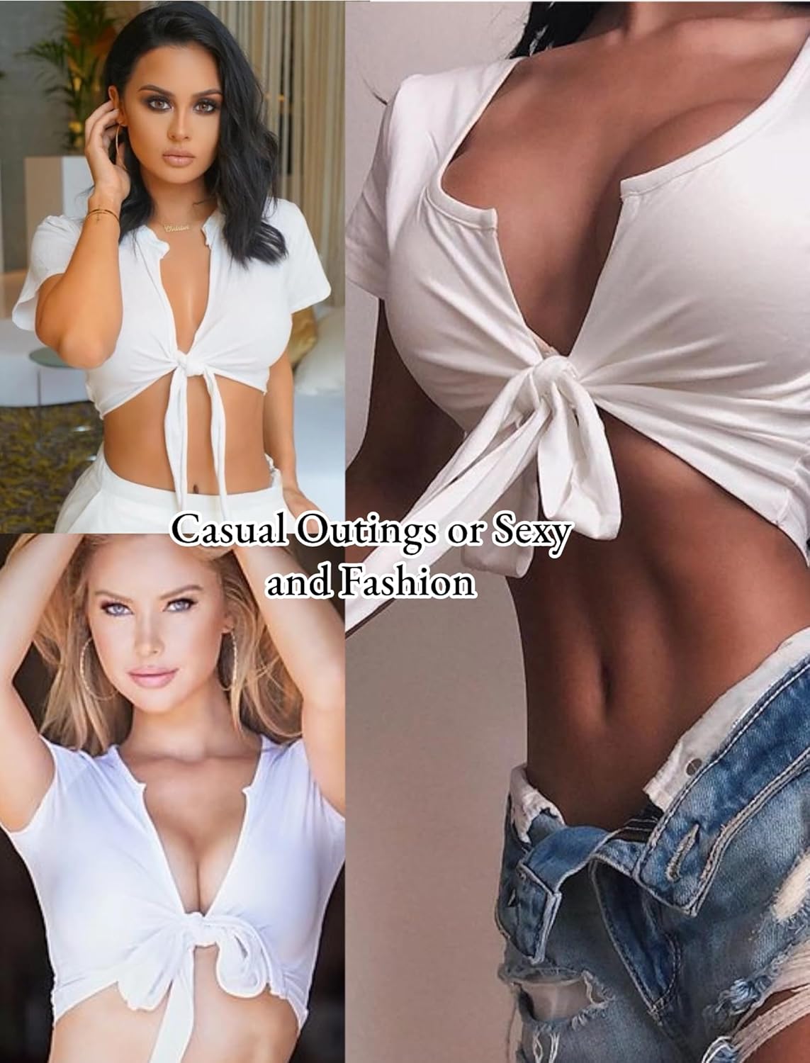 Women's Sexy Tie Up Crop Top Short Sleeve Deep V Neck Casual Basic T Shirt - Image 6