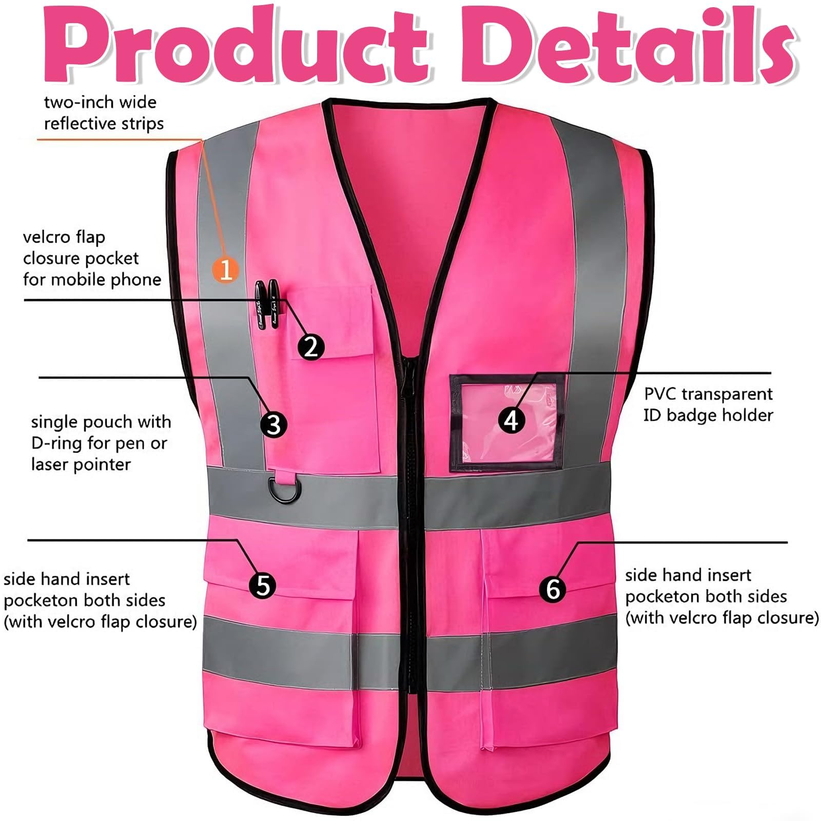 2 Stück Warnweste Pink für Damen Männer, Warnweste Erwachsene Pinke Warnwesten Reflektierende Jacke mit Taschen und Reißverschluss, Rosa Sicherheitsweste für die Sicherheit auf dem Bau