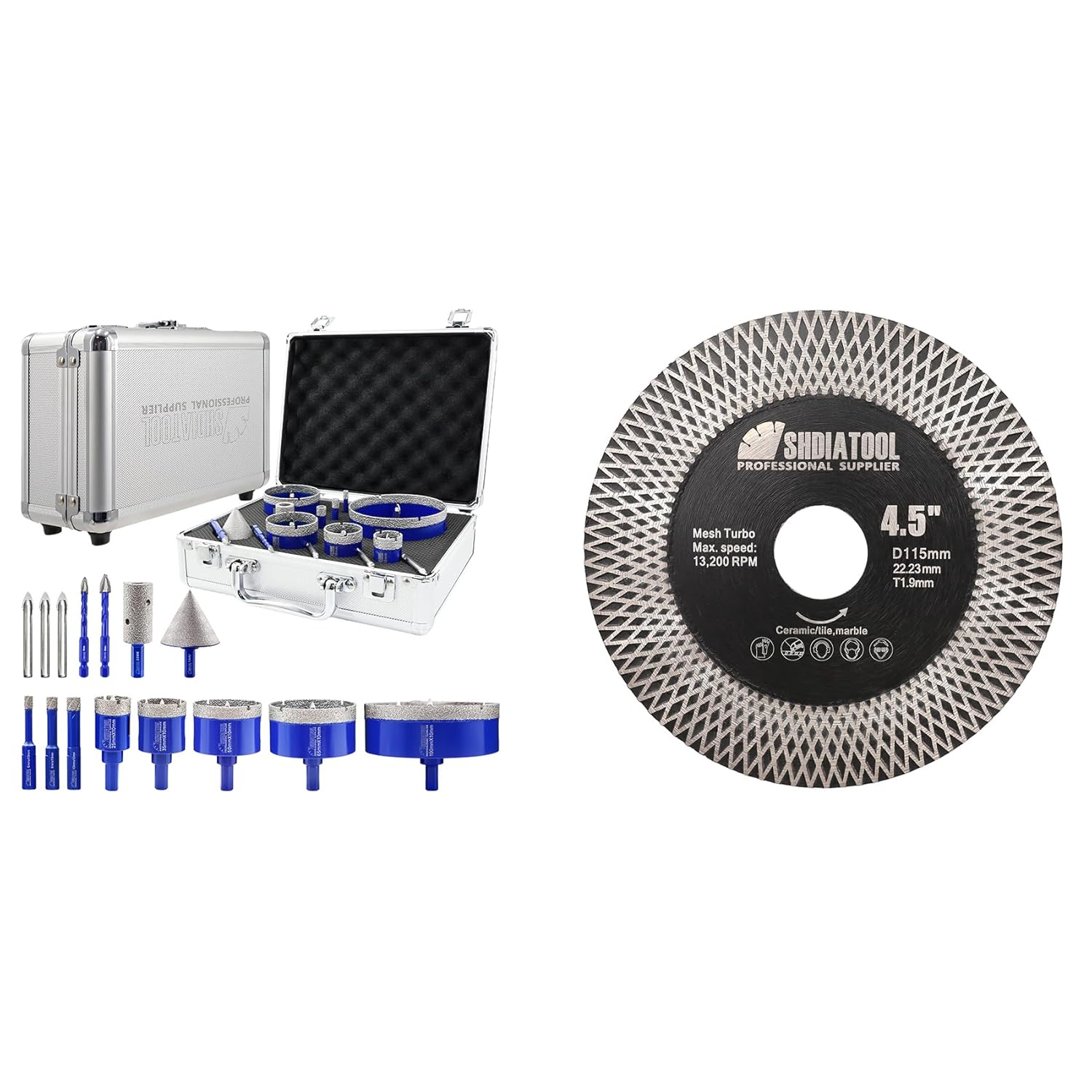 SHDIATOOL Tile Diamond Drill Bits Kit, Porcelain Hole Saw Sets, Ceramic Core Bits Cutter Drilling for Stone Marble Granite 15pcs(6/8/10/25/35/50/65/100MM/20MM/2/6/8MM)