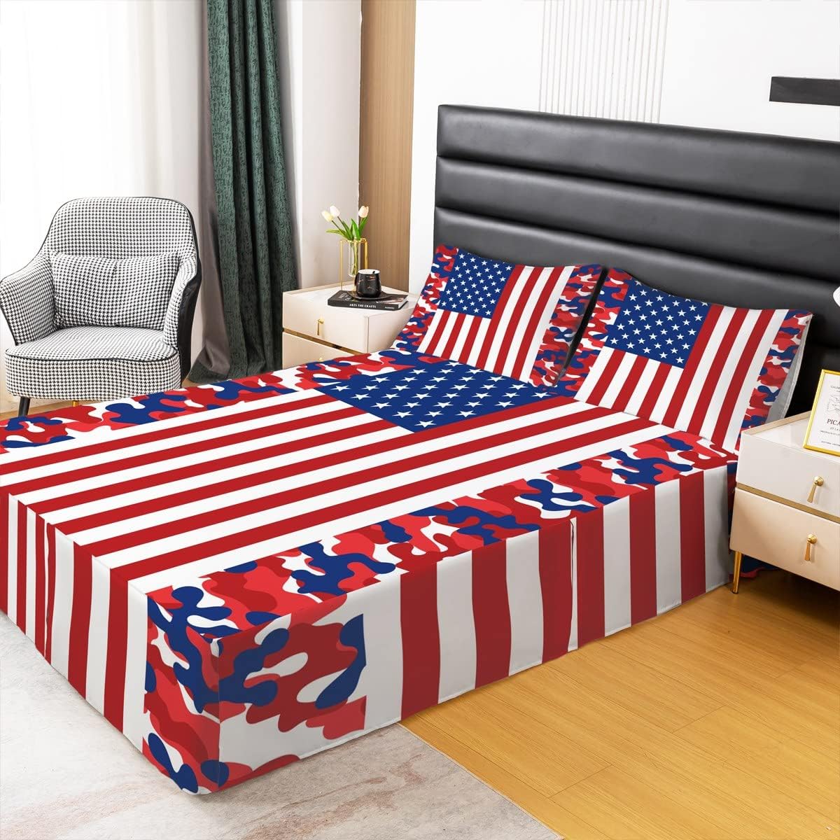 American Flag Bed Skirts Queen Size Red Camouflage Bed Skirt for Kids Child,Camo United States Flag Bedskirt Blue Red White Stars and Stripes Bedding Decor USA National Flag Bedroom Decor