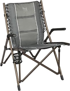 Timber Ridge Bungee Folding Camping Chairs for Adults, Heavy Duty Collapsible Padded Chair with Armrests Cup Holder, Foldable Outdoor Lounge Chairs for Beach, Fishing, Lawn, Supports 300 lbs, Grey