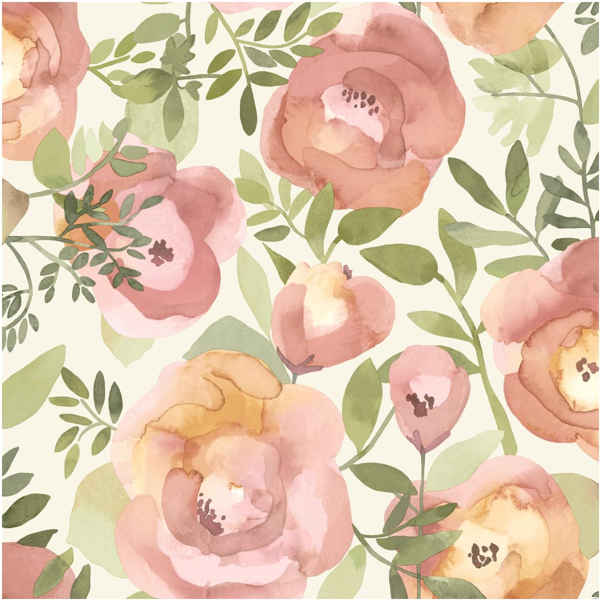 Full Roll Watercolour Floral Wallpaper – Soft Peach and Pink Botanical Flower Design with Green Leaves – Elegant Nature Inspired Decorative for Living Room, Bedroom or Feature Wall