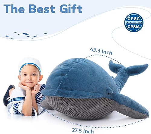 Miniatura 2 de MaoGoLan Almohada grande de peluche de 43 pulgadas, ballena azul, juguete jorobado de 4 pies para niños, niñas, mujeres embarazadas, adultos,