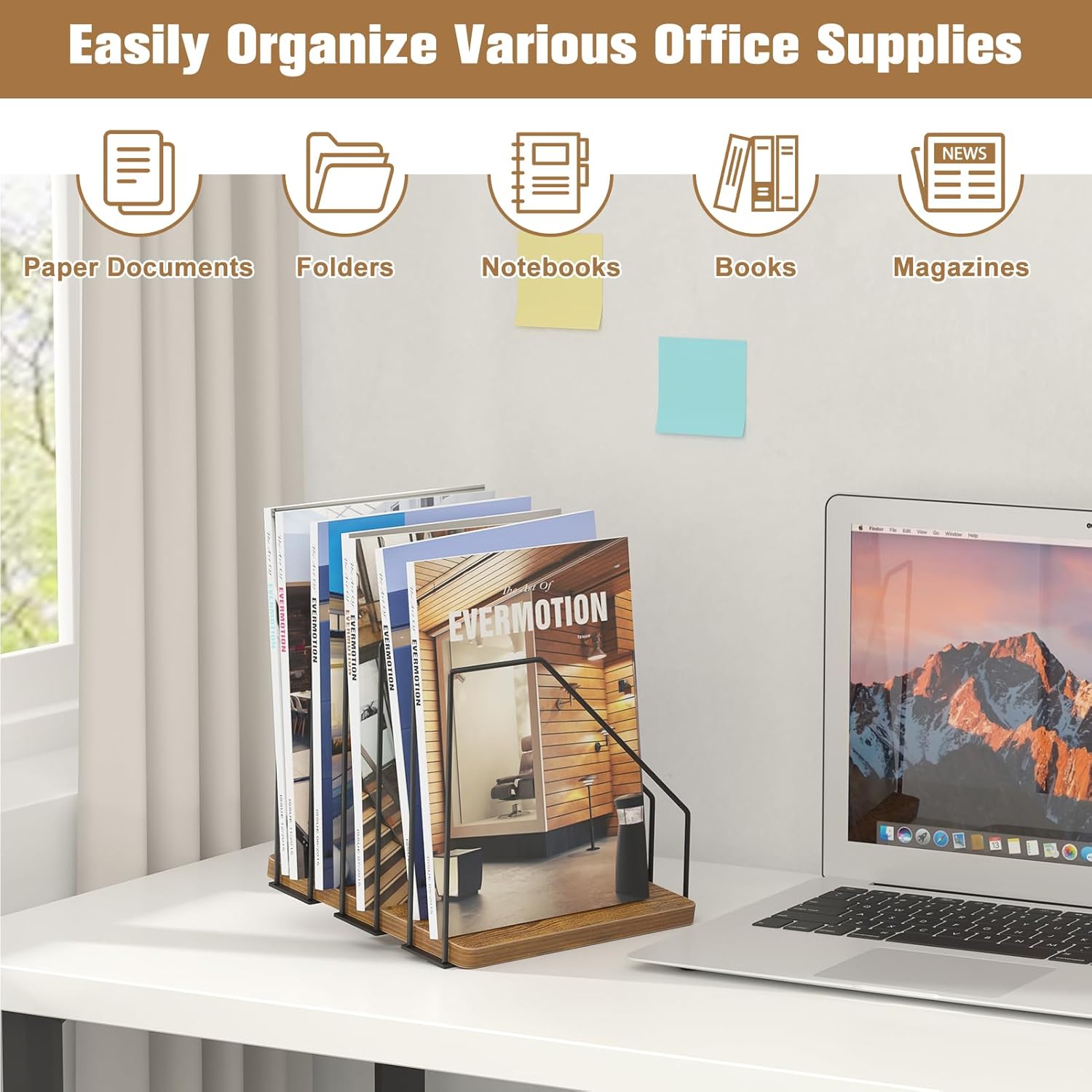 Inclined Desk File Organizer, 5-Section Vertical File Folder Holder, Desk Files Organizer Stand, Metal Files Sorter Rack Stand for Office Home School