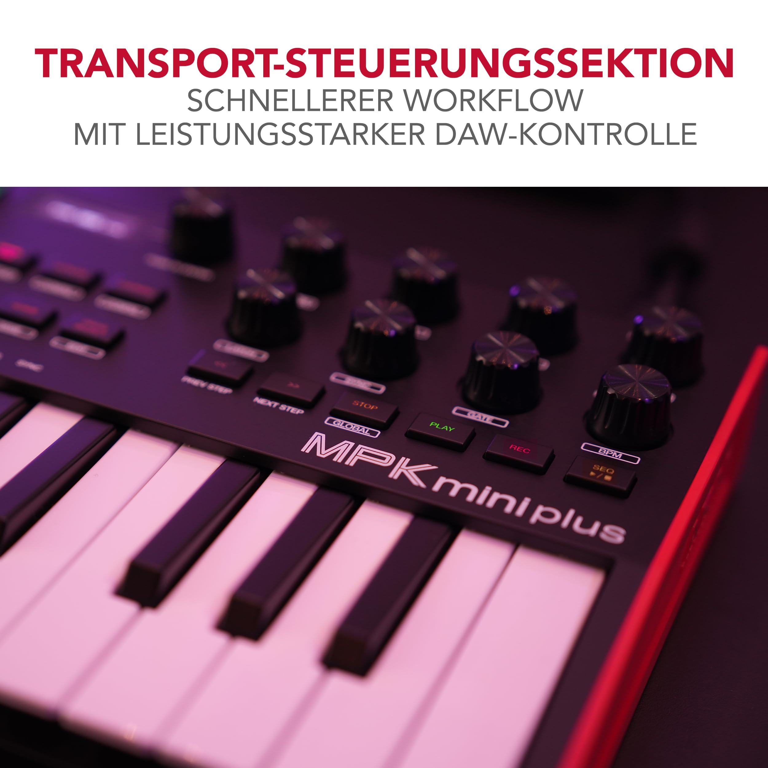 Akai Professional MPK Mini Plus - 37-Tasten USB MIDI Keyboard Controller mit 8 MPC Pads, Sequencer, MIDI/CV/Gate I/O, Musikproduktionssoftware und Native Instruments Sound Package