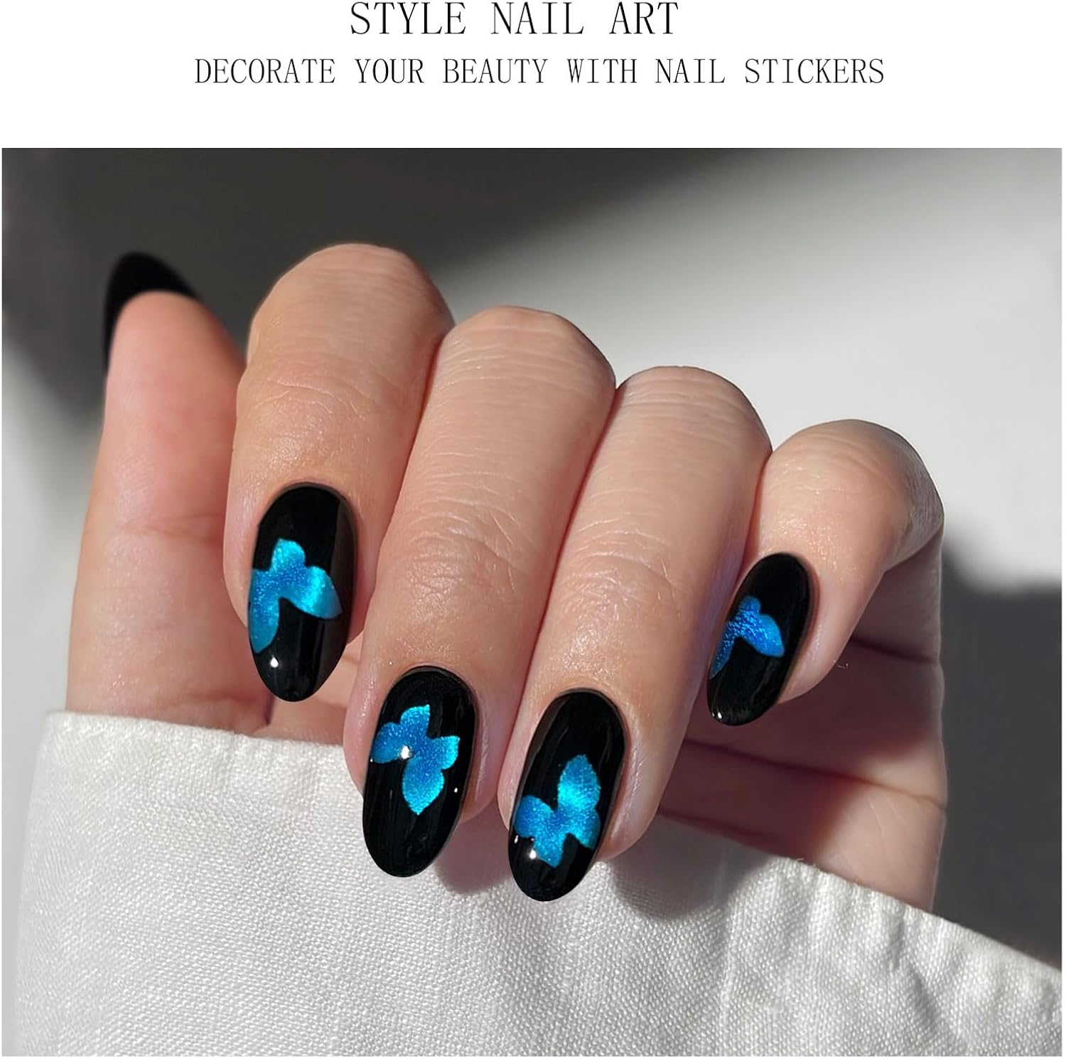 JMEOWIO Gel Nail Stickers Blue Butterfly Cat Eye Semi Cured Gel Nail Strips Wraps UV/LED Nails Art Design Decoration Accessories