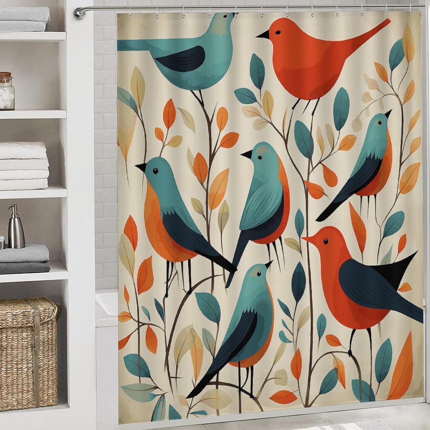 Flock of Birds Shower Curtains Set 4 Piece with Non-Slip Rugs, Toilet Lid Cover and Bath Mat Soft Bathroom Carpet Waterproof Bathroom Curtain with 12 Hooks for Bathroom Decor