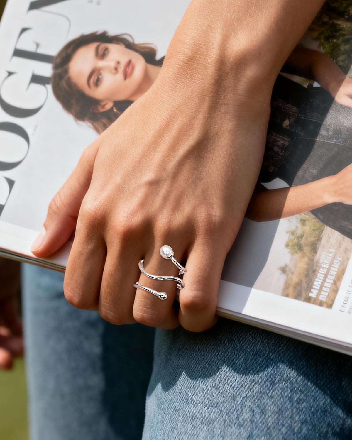 Pearl Silver Spiral Wrap Open Ring Statement Unique Adjustable Ring for Women - Image 4